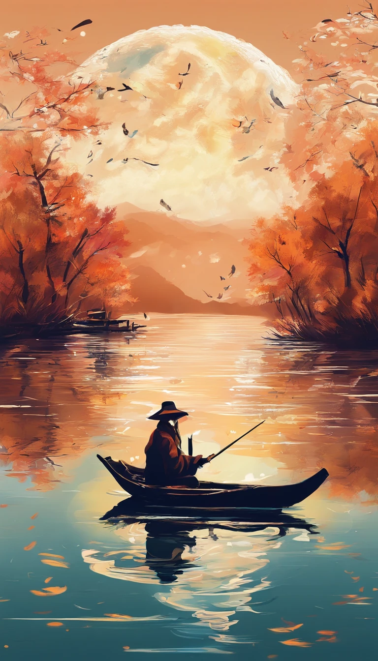 A thousand birds fly,Ten thousand paths disappeared。Lonely boats,Fishing alone in the cold river snow。 (【Translation】 You don't see a single bird in the mountains,The tracks of thousands of people were cut off。On the lonely boat is an old man in a cloak,Fishing alone against the wind and snow),(A small boat on the water),(An old man sits on a small boat fishing),Inspired by the creators:《Jiang Xue》Yanagi Zongyuan,Ray,(light and shadow effect),(vivd colour),(Color splattering),(Obvious layers),(Ink painting style:1.2),(Photography Award),(8k wallpaper),(Masterpiece),(best qualtiy),(There is a full moon in the night sky),(Moonlight spreads to the surface of the water),Autumn tones,There was a wind blowing,(Side lighting ),(cinema4d),(Movie lighting),(Depth of field effect),(Unreal 5),(tmasterpiece),(8K分辨率),photorealestic,realisticlying