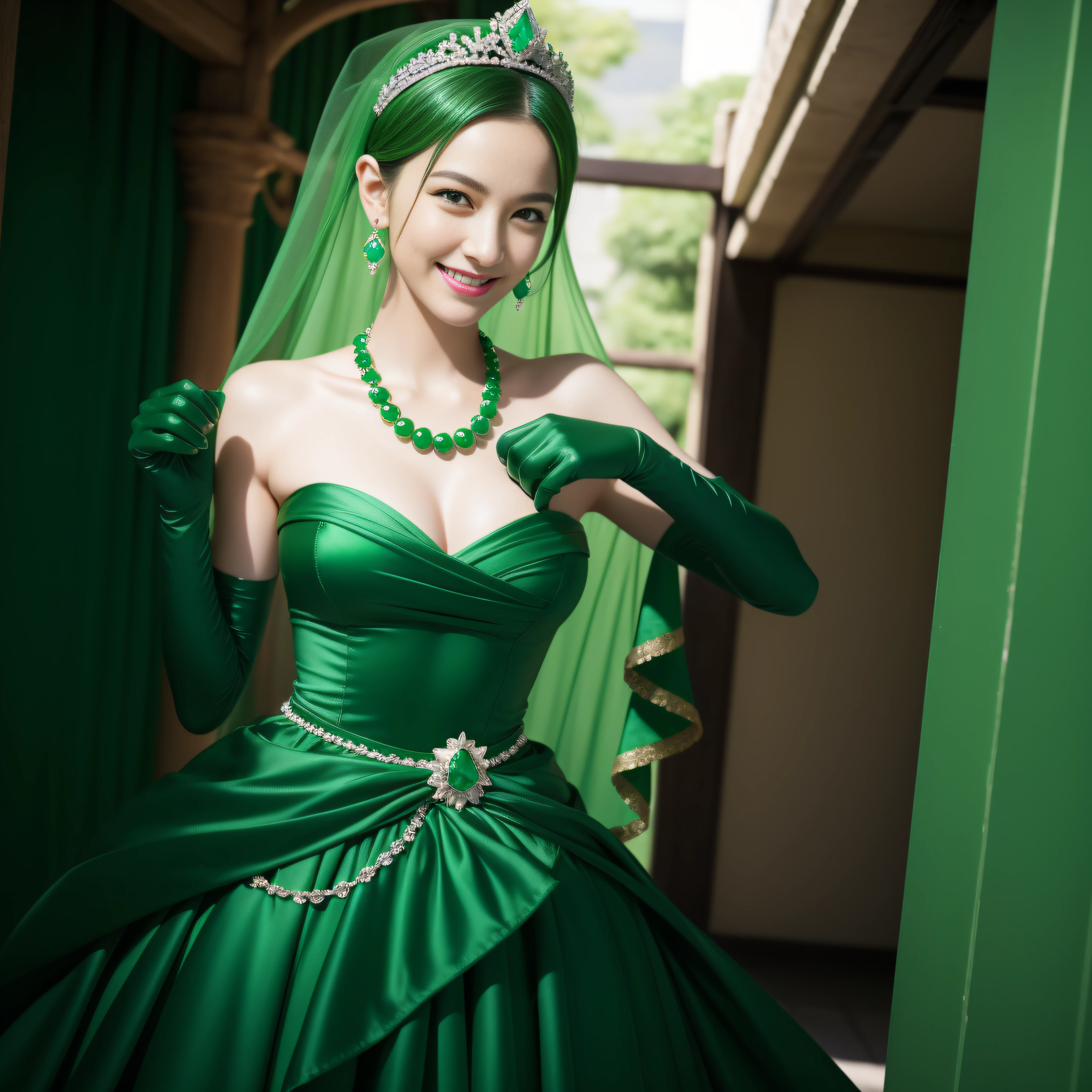 emerald tiara, Green Pearl Necklace, Boyish very short green hair, lipsticks, Japan woman smiling, very short short hair, fist, big breasts beautiful, Green eyes, Long green gloves made of satin material, Green eyes, Emerald Earrings