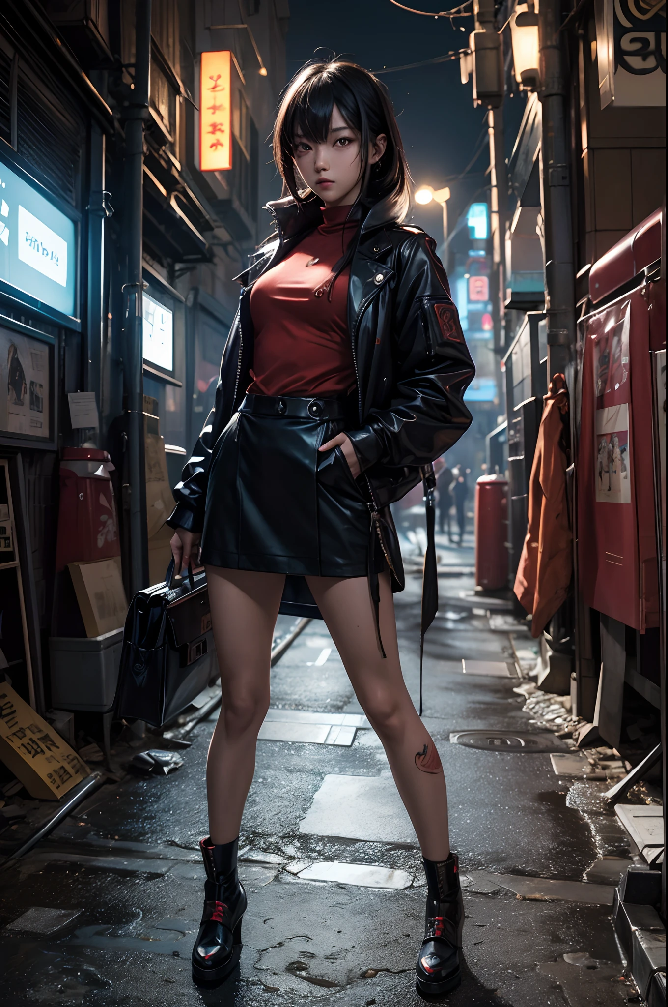 art by katsuya terada, art by range murata, art by akiman, art by JUNNY, Full body shot portrait of cute slender Young Japanese hit girl, Battle Scars, Realistic skin texture, Few moderate moles, wearing a suit, hold a gun, Red Circle nightclub in San Diego, Red and blue cinematic lighting, highly detailed, ray tracing, digital painting, concept art, smooth, sharp focus, illustration, 8k