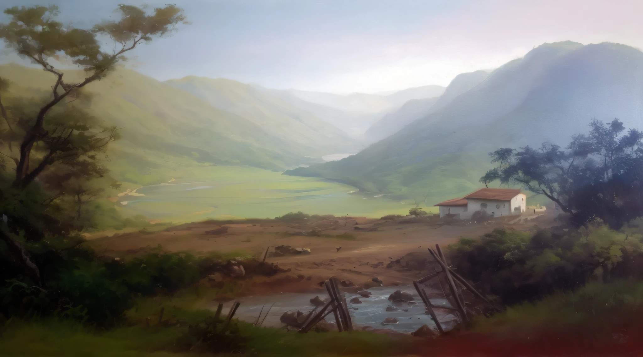 pintura de uma paisagem,montanhas ao fundo, com um rio e uma casa,super realista
