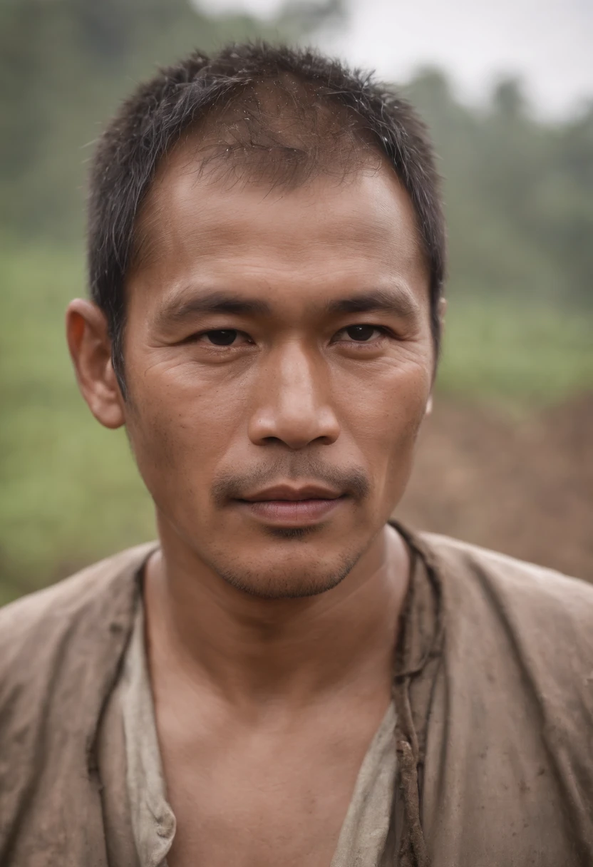 A handsome (Indonesian) peasant, muddy, dirty, wet, raunchy outfit, provocative portrait, (homoerotic:1.2), tall and burly, middle age man, kind face, charming, qualidade 8K, absurd textures details and quality