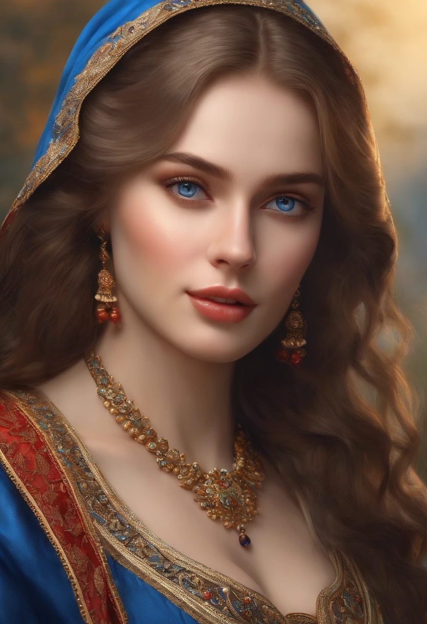 (best quality, highres, realistic:1.37), ultra-detailed, Russian girl, 18-30 years old, dressed in botayuyu clothes, beautiful blue eyes, chest size 5, monotonous color background