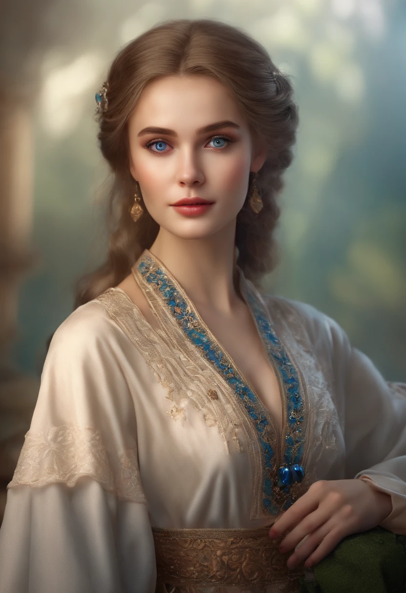 (best quality, highres, realistic:1.37), ultra-detailed, Russian girl, 18-30 years old, dressed in botayuyu clothes, beautiful blue eyes, chest size 5, monotonous color background