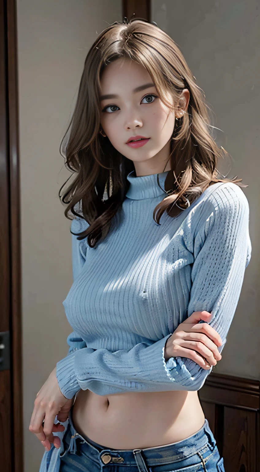 (realistic, photo-realistic:1.37), (8k, RAW photo, best quality, masterpiece:1.2), cute, ultra-detailed, physically-based rendering, ultra high res, in the morning, 18 years old girl, looking at viewer, photorealistic, realistic, solo, photorealistic, best quality, extremely detailed face, extremely detailed eyes and face, beautiful detailed eyes, haunting smile, ((complete closed mouth)), Messy wavy hair, floating golden hair, slender, slender arms, big breasts, ((erected nipples)), no brassieres, summer blue sweater, cowboy shot,
