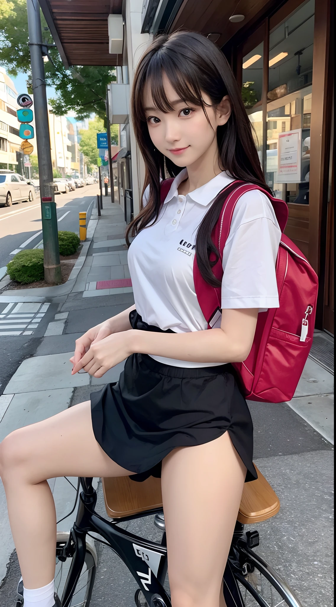 {8K Photo Quality:1.2}、{Ultra-high resolution photo quality:1.2}、{Super Real 1.2}、{Perfect limbs}、{japanes}、masutepiece、NSFW、1womanl、Wearing a Uber Eats uniform、Riding a bicycle、Uber Eats backpack、Serving customers with a shy face
