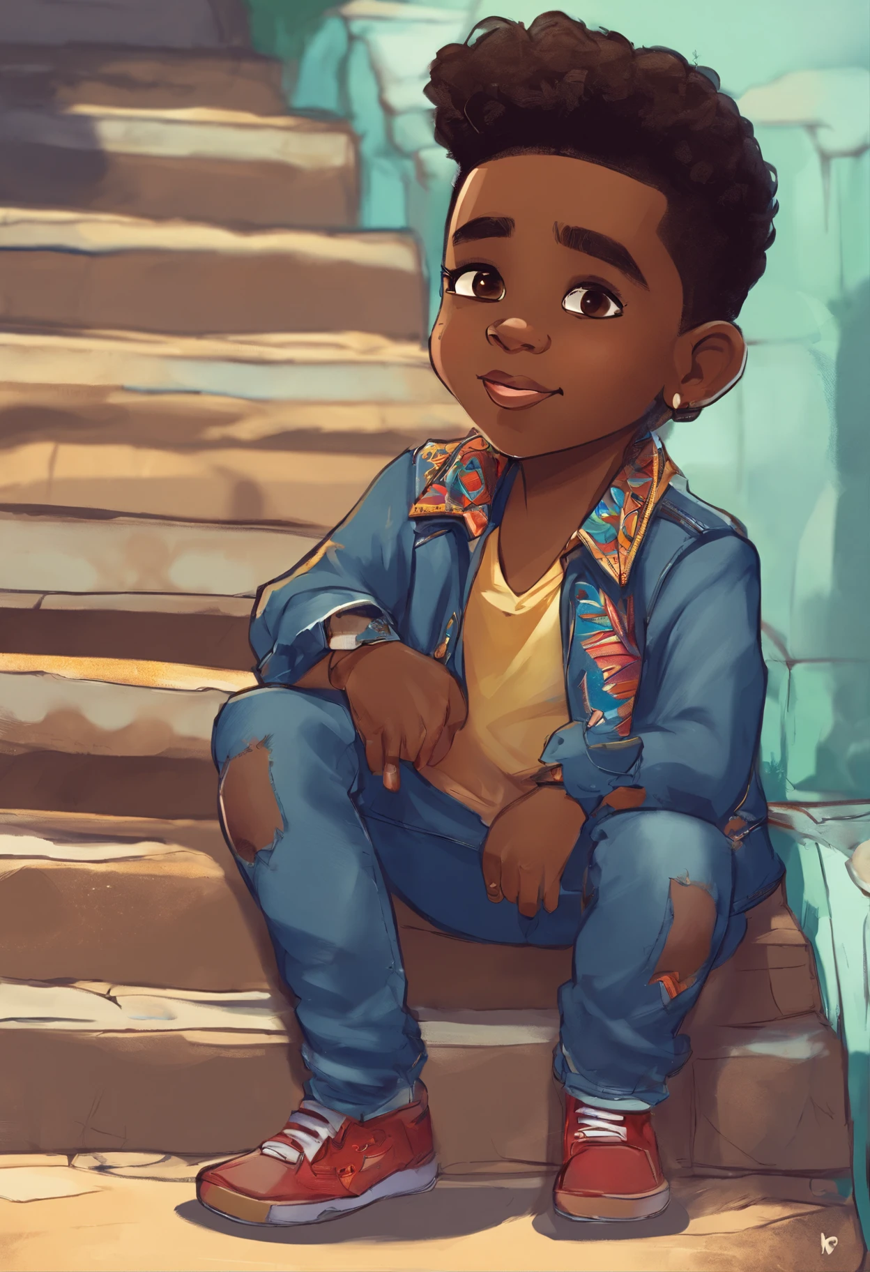1pequeno africano ("Suit and pants") pele castanha escura:5, (corpo inteiro), (((feliz e saltitante))), hands in hair,com muita raiva, sombras realistas, olhos brilhantes, pele detalhada, olhos pretos levemente brilhantes, cabelo encaracolado preto, Estilo meninoo jovem, Very detailed, Rosto 8k altamente detalhado, Formato de rosto perfeito, perfect full lips, nariz perfeito, corrigir olhos bonitos, Observador, T-shirt and jeans: 3.45, master part, melhor qualidade, only one, jeans, (((soio)), Chibi
