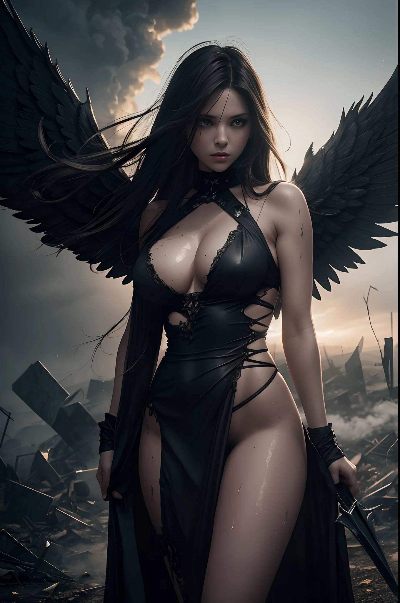 one female winged Angel falling from the sky, ripped and revealing flimsy white dress, see-through, gothic style, smoke, seductive, realistic, night, light streaming from sky, short and messy bobbed dark hair, sweating, dirt-streaked