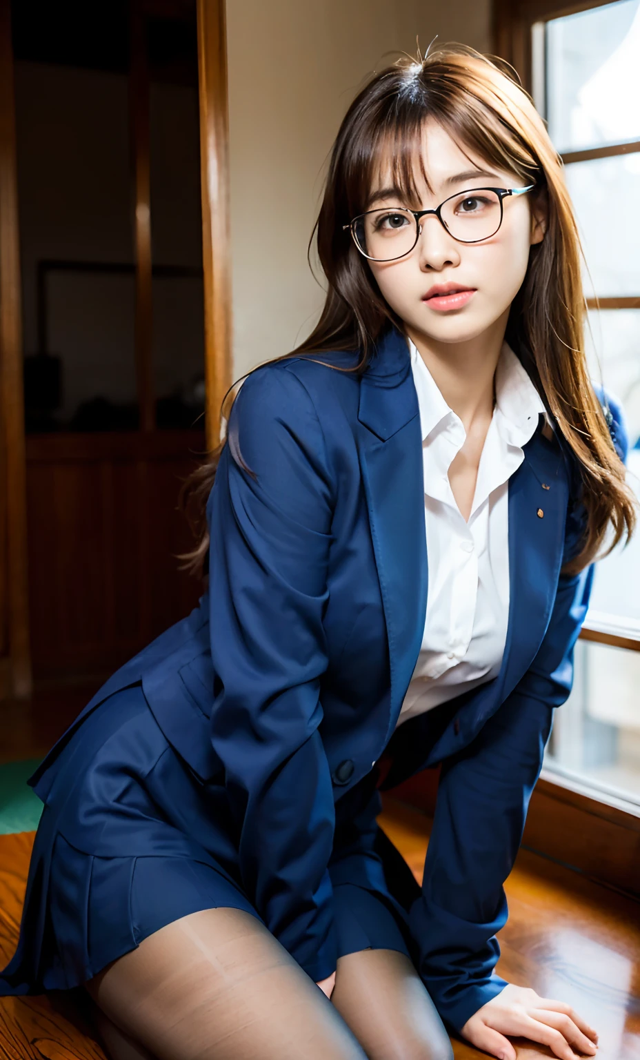 ulzang-6500-v1.1,(RAW photo:1.2), (Photorealistic:1.4), Beautiful Meticulous Girl, very detailed eyes and faces, Beautiful detailed eyes, absurderes, unbelievable Ridiculous, hugefilesize, ultra - detailed, A high resolution, The is very detailed，best qualtiy，tmasterpiece，kemomimi，((Japanes girl' high school uniform))，illustratio，The is very detailed，CG，unified，8k 壁纸，Amazing ，finely detailled，tmasterpiece，best qualtiy，The is very detailed的 CG unified 8k 壁纸，light in face，cinmatic lighting, 1girll, 16 yearsglasses)，(((dynamicposes)))，(Camel toes)，(A half antyhose))，((Sit with your kfolded))