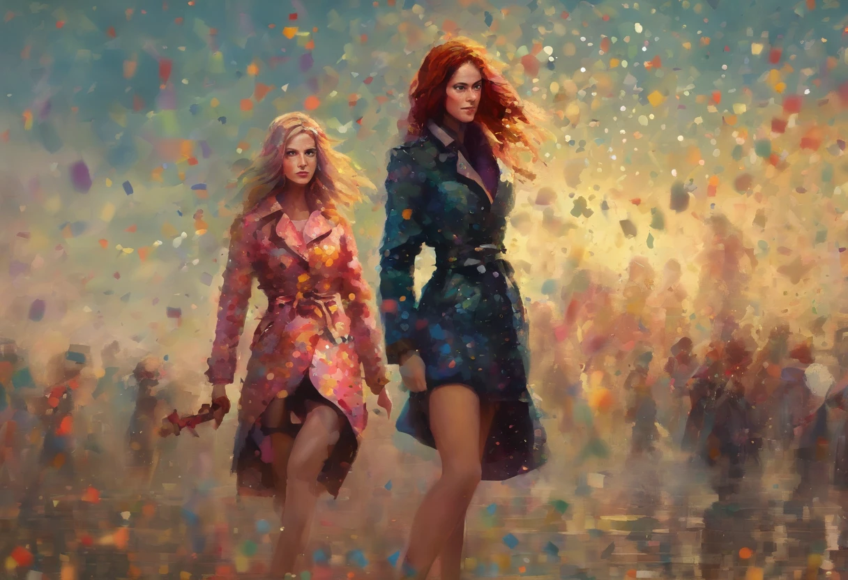 2girls,(fight against another:1.5),trench coat,bikini