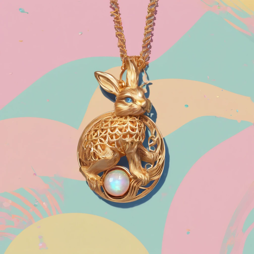 [[Bunny black opal pendant：1.8]] Gold wire woven bunny shape pendant，Rabbit shape， Moon pendant wrapped in wire，There are opal beads， Beautifully structured，High contrast lens, macro photograph, Ukiyo-e, Depth of field, Masterpiece, Super detail, High details, High quality