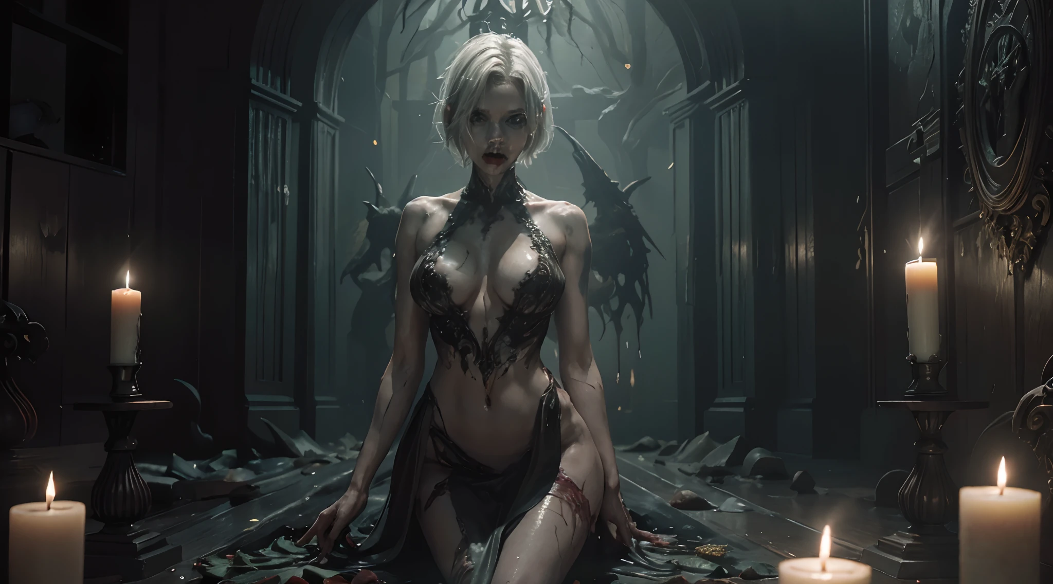 Half Tia is shown to have a fairly slender figure. She has white-grey hair , she has short hair and large pale green eyes, on knees surrounded by candles in a satanic ritual, dripping blood, ultra detailed, photorealistic, trending on Artstation, masterpiece, ominous atmosphere.