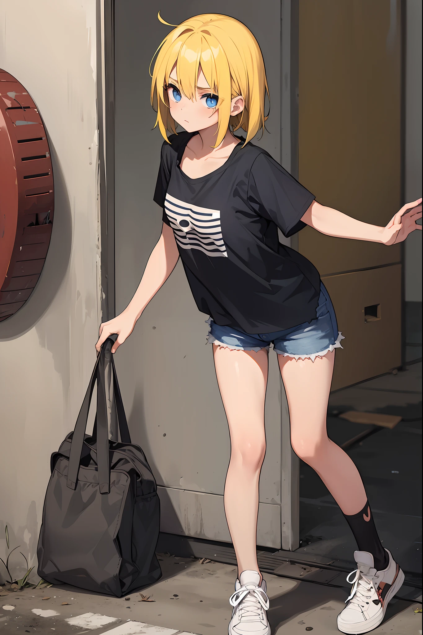 1girl, A girl in a dirty torn t-shirt, shorts, torn tights and sneakers, post-apocalypse, yellow hair, blue eyes