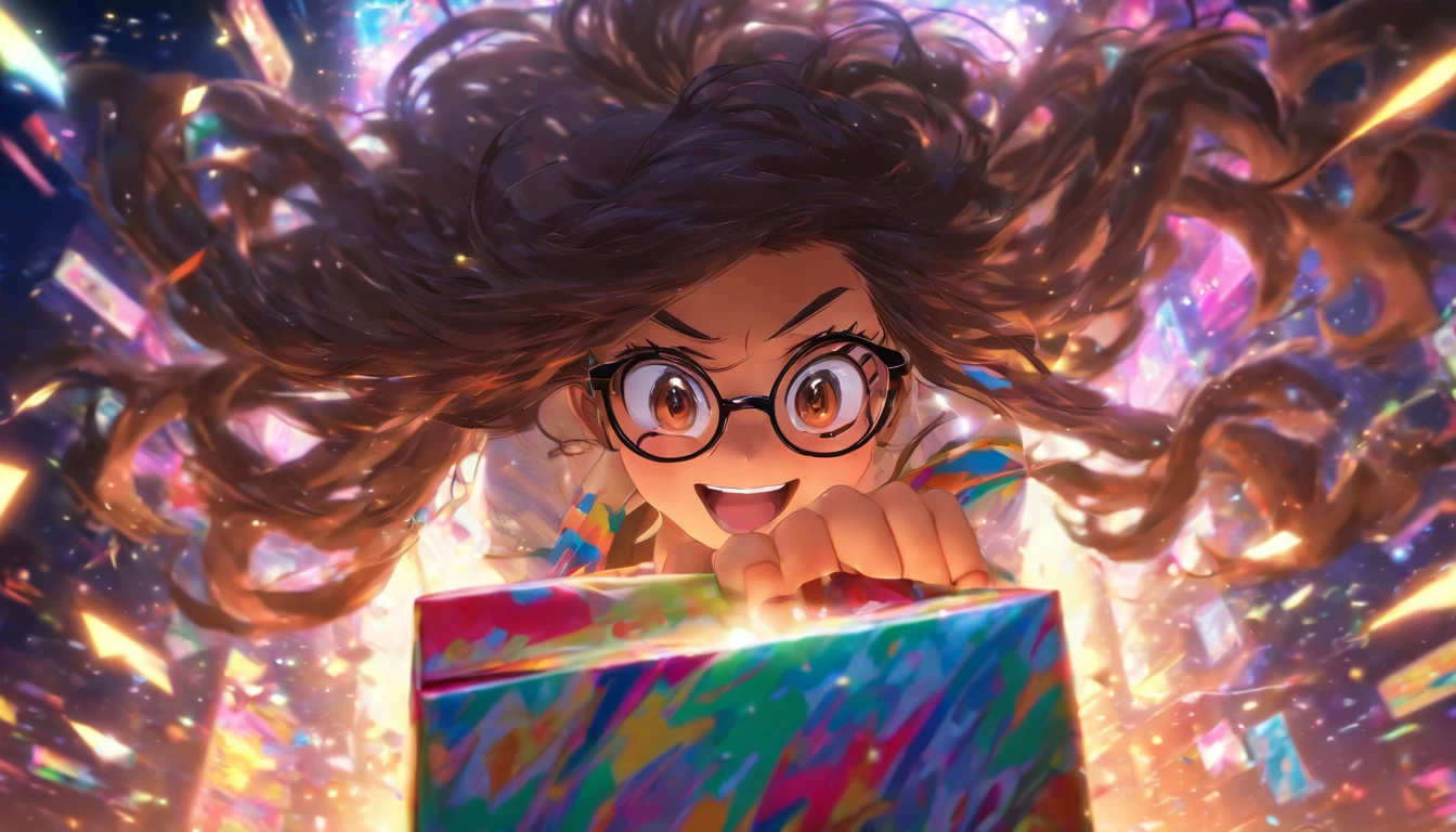 a black, long hair girl with brown eyes whit eyeglasses, happy that open a surprise box