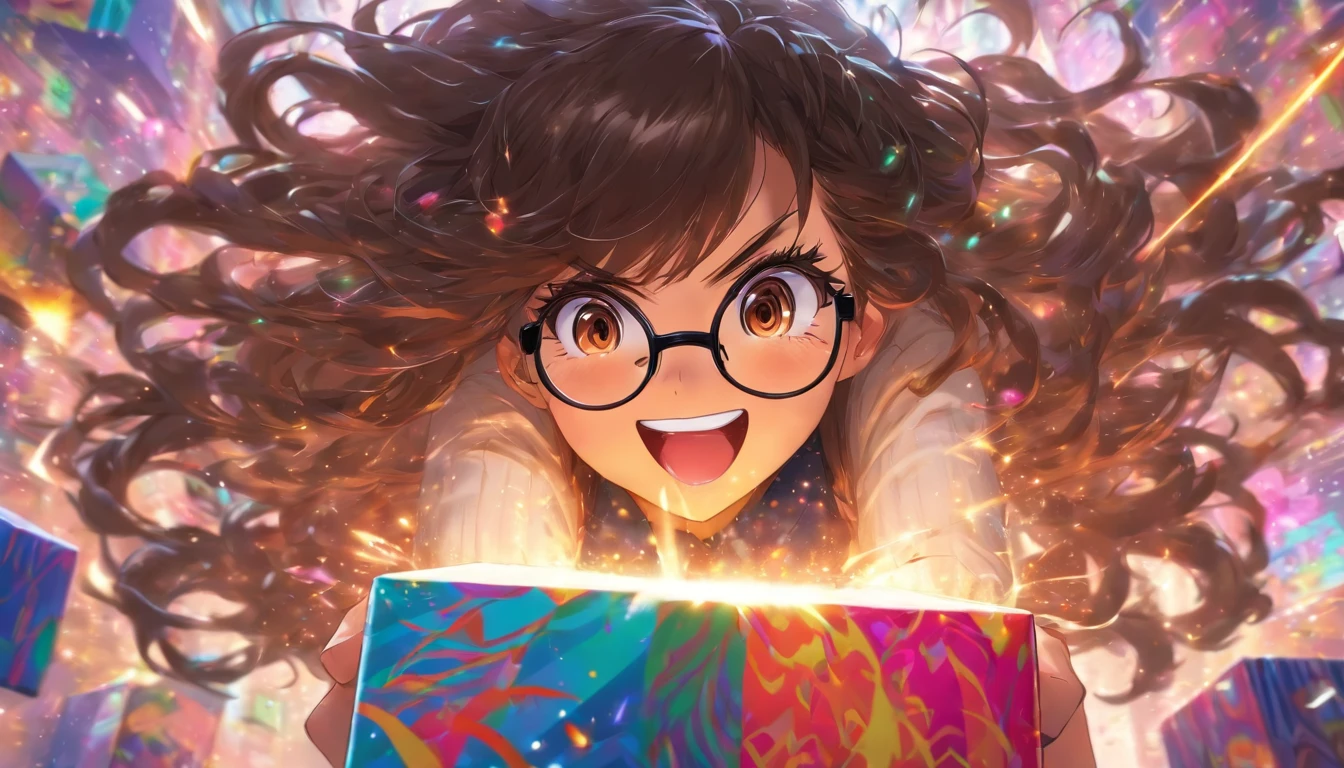 a black, long hair girl with brown eyes whit eyeglasses, happy that open a surprise box