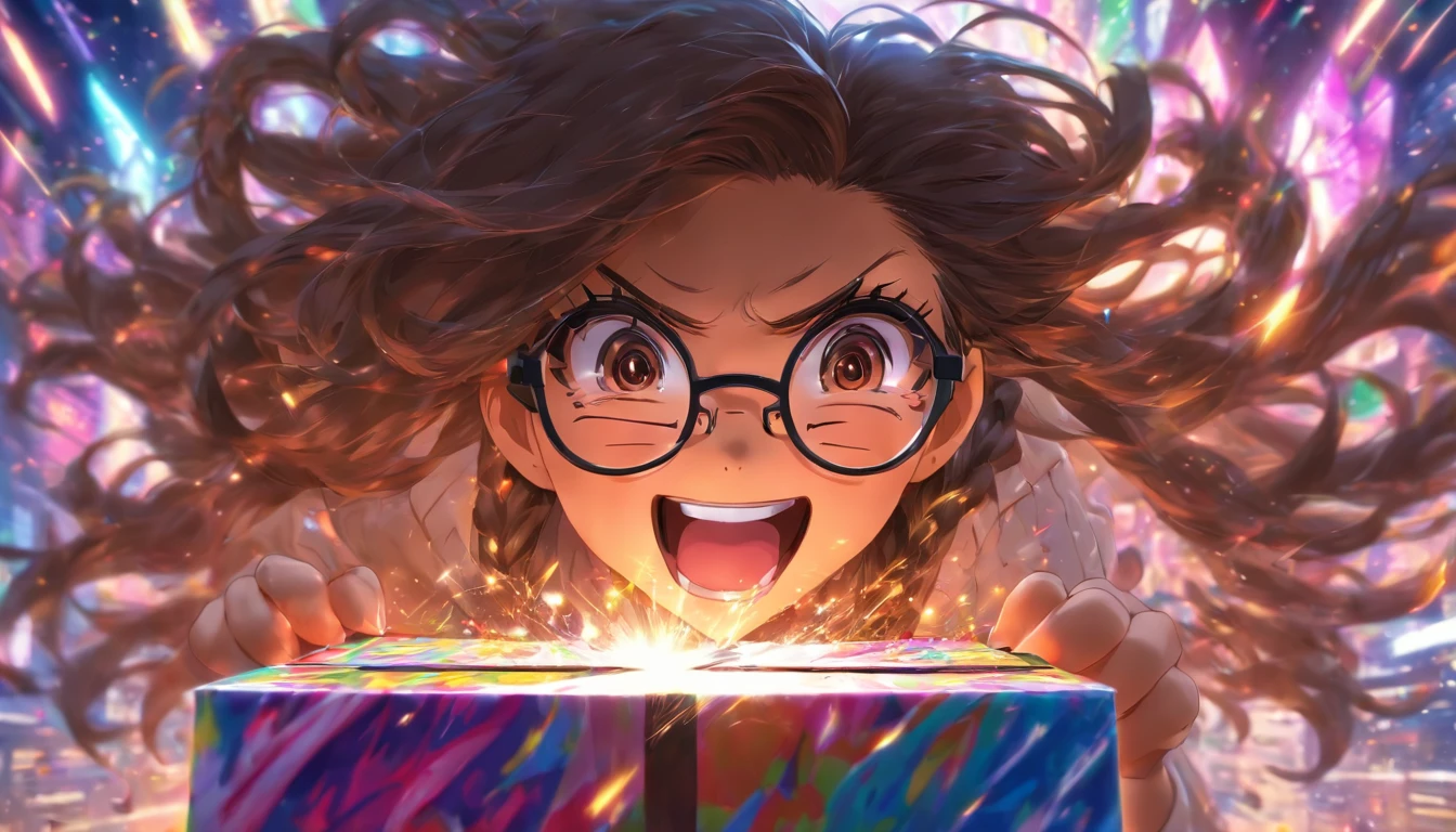 a black, long hair girl with brown eyes whit eyeglasses, happy that open a surprise box