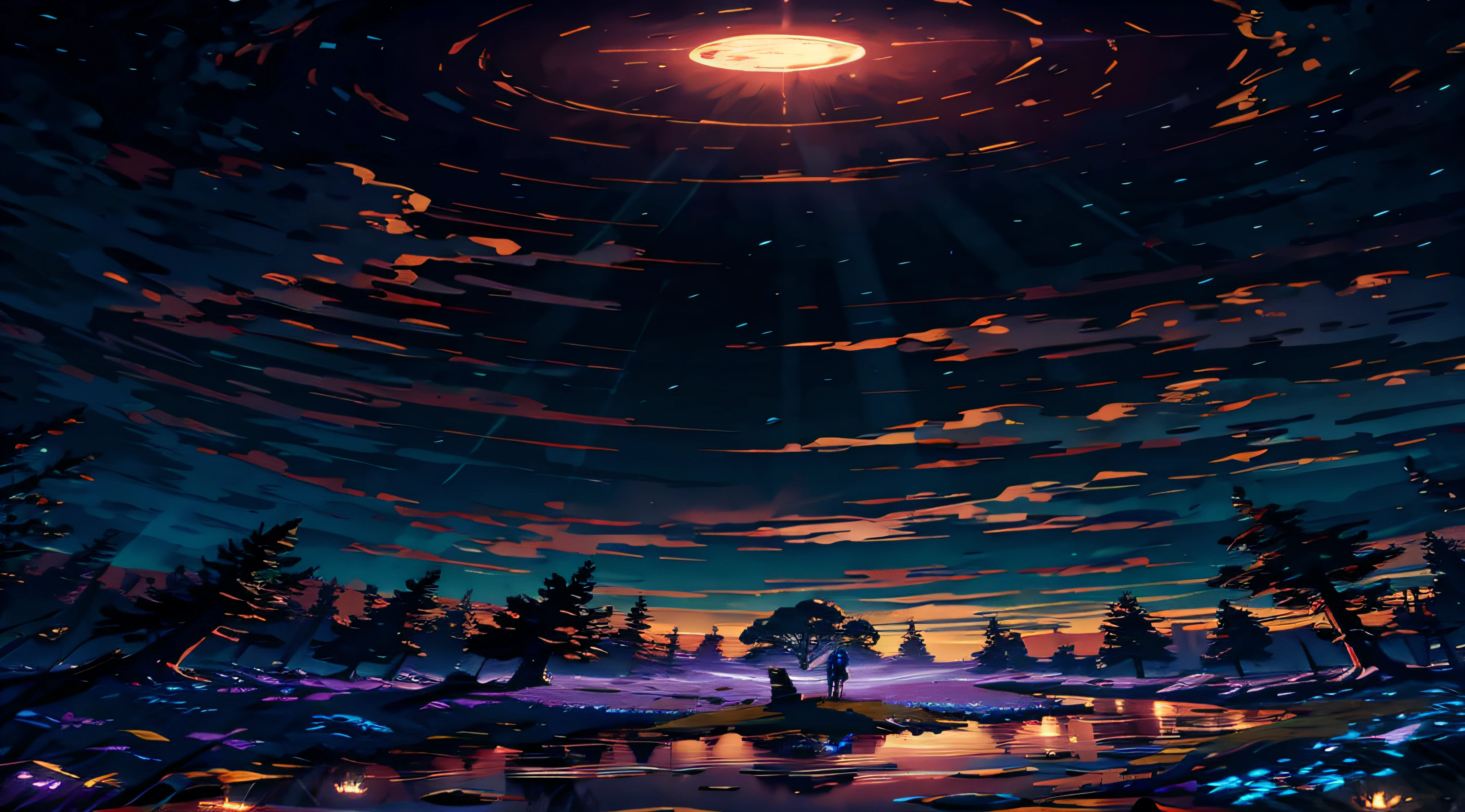 Expansive landscape photograph,(look from down,Above is the sky,Below is an open forest,Tall trees),A boy standing in the forest looking up,(moon full:1.2),(meteors:0.9),(Starcloud:1.3),clusters of stars:1),Far Mountain, Tree BREAK making art,(Blu-ray source:1.2),(glowworm:1.2),Big wind,High winds blow off leaves,Lots of blue and green,Complicated details,Volumetric lighting BREAK(tmasterpiece:1.2),(best qualtiy),4k,ultra - detailed,(dynamic compositions:1.4),detail-rich,plethora of colors,(Irridescent color:1.2),(with light glowing,Atmospheric lighting),dream magical,magical,(独奏:1.2)