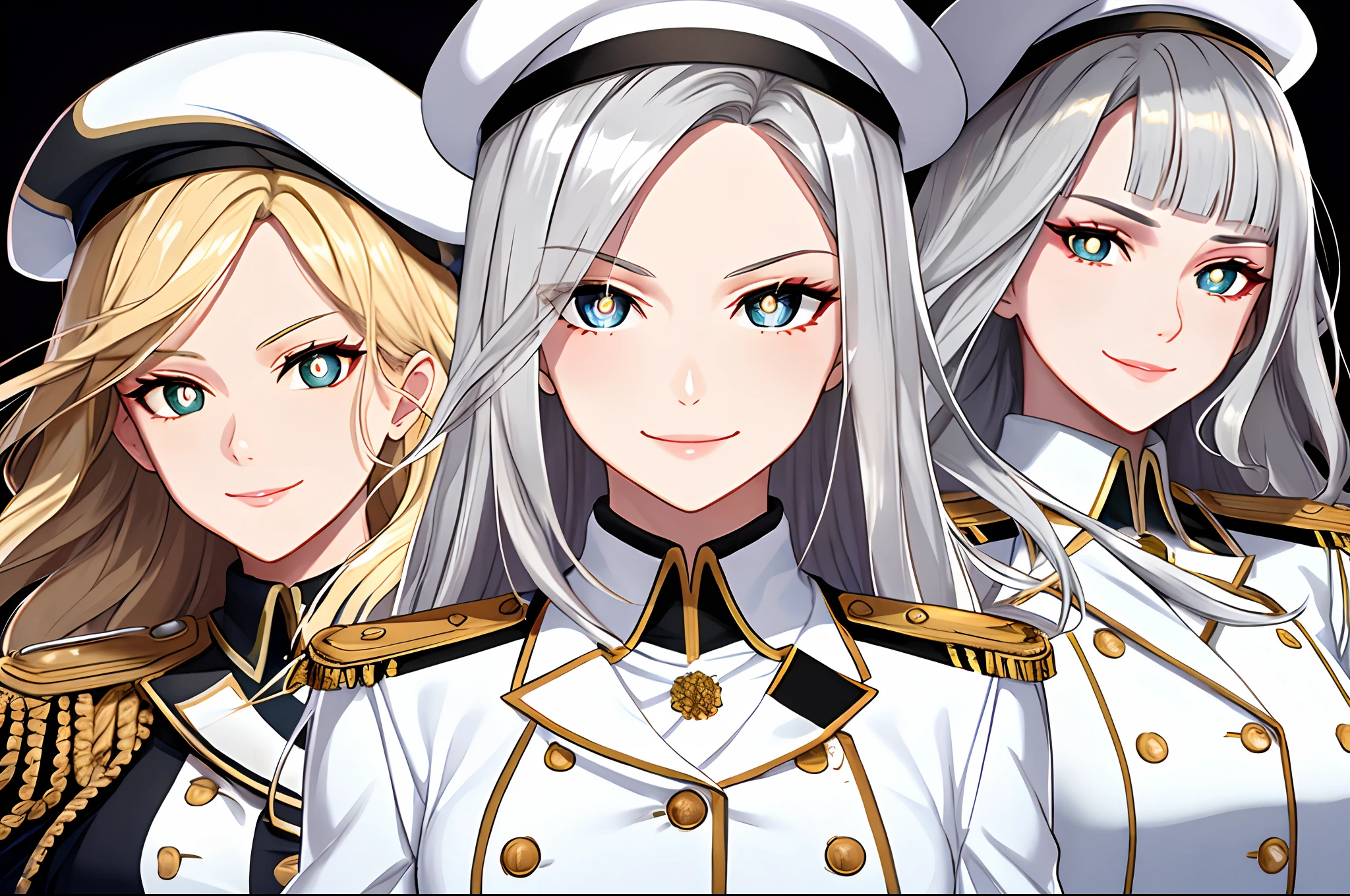 (white clothes), shiny gloves and beret, glamorous proportion, blunt bangs, forehead, silver hair, blonde, (beautiful eyes), (detailed pupils), perfect face, face focus, (epaulettes), evil smile, dynamic pose, dynamic cut, dynamic angle,