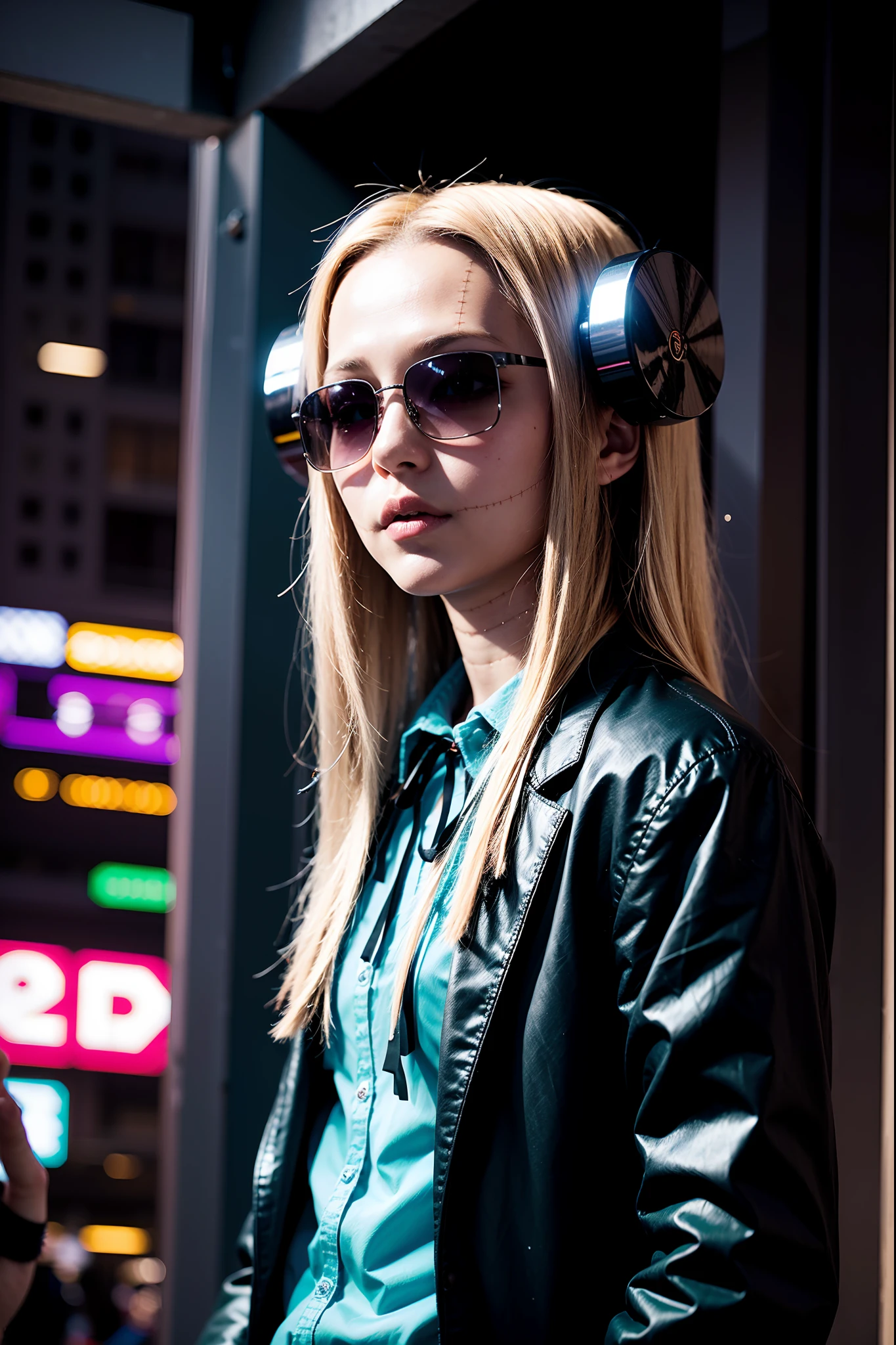 madaraki_fran, street, lab coat, cyberpunk, neon, night, cyberpunk sunglassess