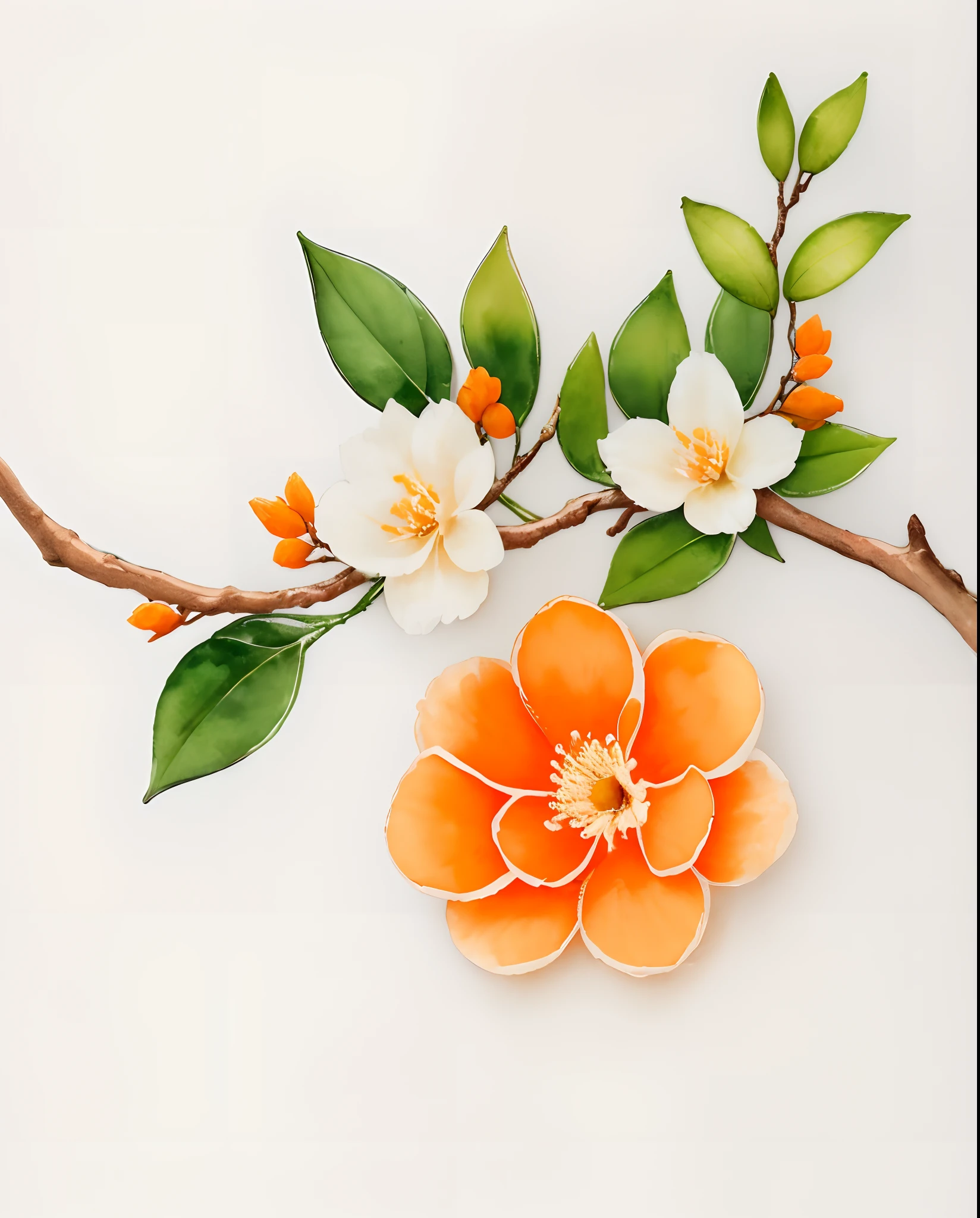 o fim de um galho de laranjeira, Branching tip, tem duas flores, flores brancas,  multiple sheets, Botanically correct orange blossom with only a single, fruta laranja pequena, Aquarela, delicado, 8k, estilo monograma de casamento, pintura em aquarela delicada, Very detailed, No missing parts, fundo cor-de-rosa