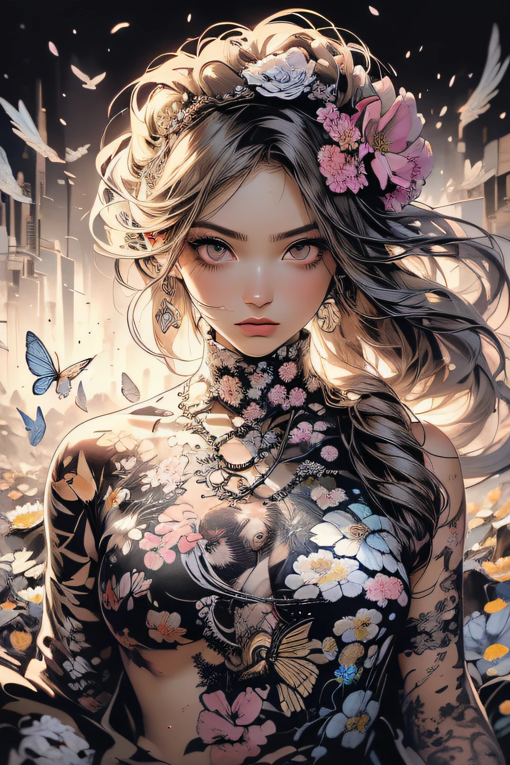 (masterpiece:1.1), (highest quality:1.1), (HDR:1.0), ambient light, ultra-high quality,( ultra detailed original illustration), (1girl, upper body), ((harajuku fashion)), ((flowers with human eyes, flower eyes)), double exposure, fusion of fluid abstract art, glitch, (original illustration composition), (fusion of limited color, maximalism artstyle, geometric artstyle, butterflies, junk art)