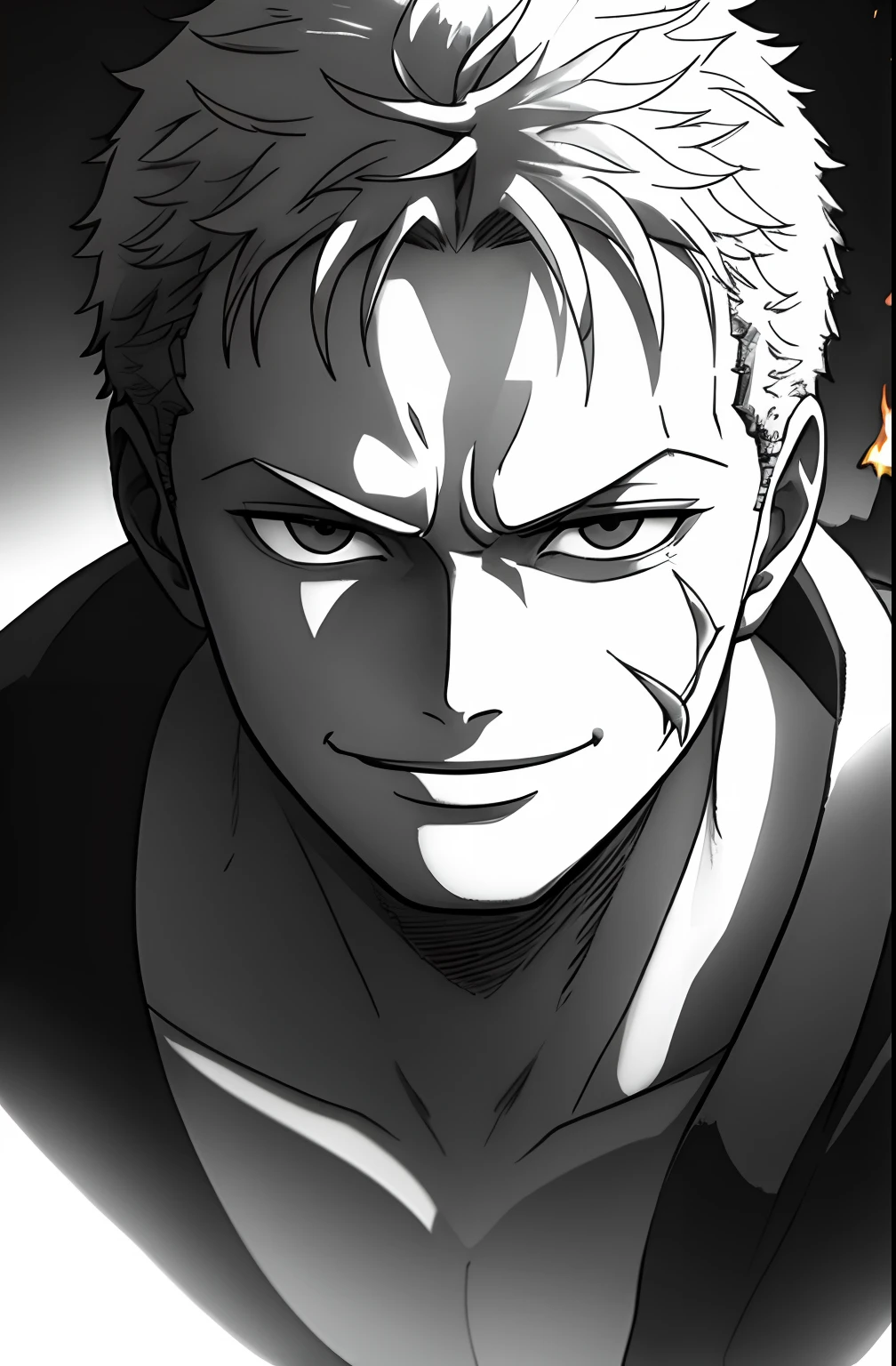 1boy, wanostyle, Roronoa Zoro, smiling, looking at viewer, solo, upper body, ((masterpiece)), (best quality), (extremely detailed), depth of field, sketch, dark intense shadows, sharp focus, soft lighting, hdr, colorful, good composition, fire all around, spectacular, closed shirt, anime screencap, scar under eye, ready to fight, black eyes