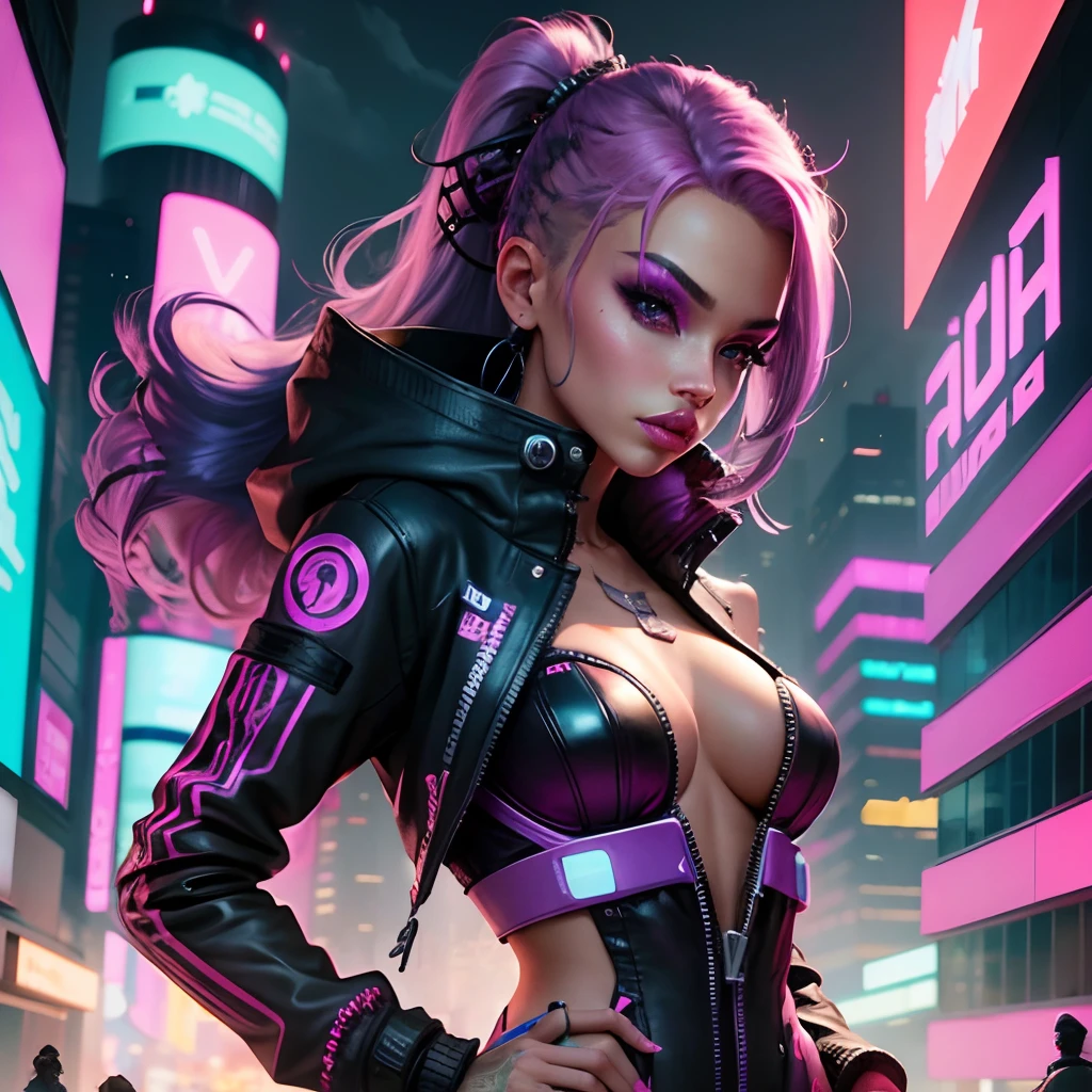 Experience futuristic allure as Barbie embraces the cyberpunk subculture, adorned with neon colors and enhanced accessories. In a vibrant and dynamic cityscape, It symbolizes cybernetic fashion and urban talent. Purple hair.