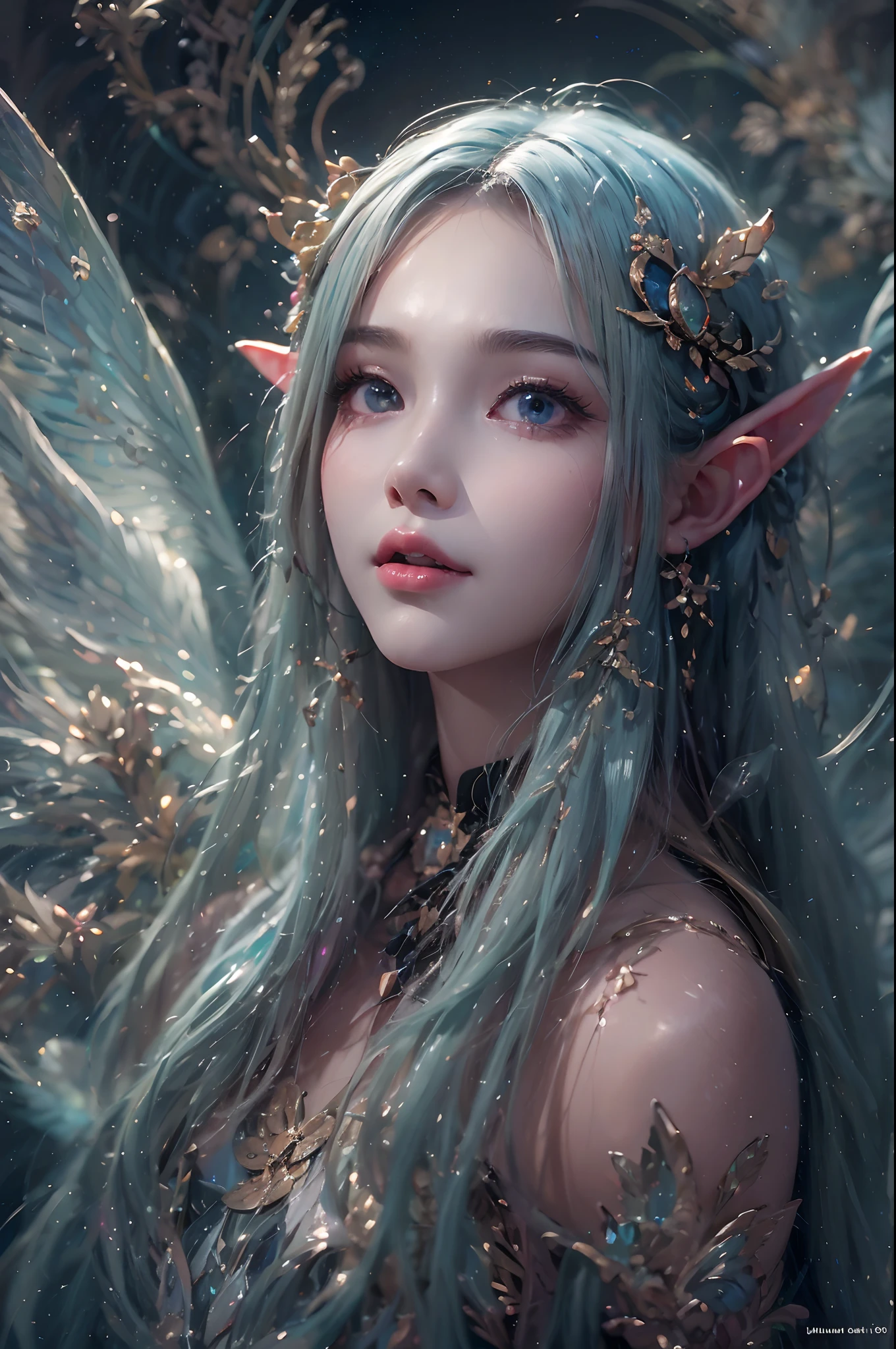 ( Absurd, High quality, Ultra-detailed, Masterpiece, concept-art, smooth, high detail artwork, Hyper-realistic painting ) , elf, Plum elf, plum , Transparent fairy wings, huge tit，low chest，fairytale-like, Romantic, Vivid, Whole body,hand behind back，Malu，largeeyes，（Eye focus），Cosmic eyes，Space eyes，ssmile，In nature with waterfalls，PureErosFace_V1，Urzang-6500-V1 version.1，