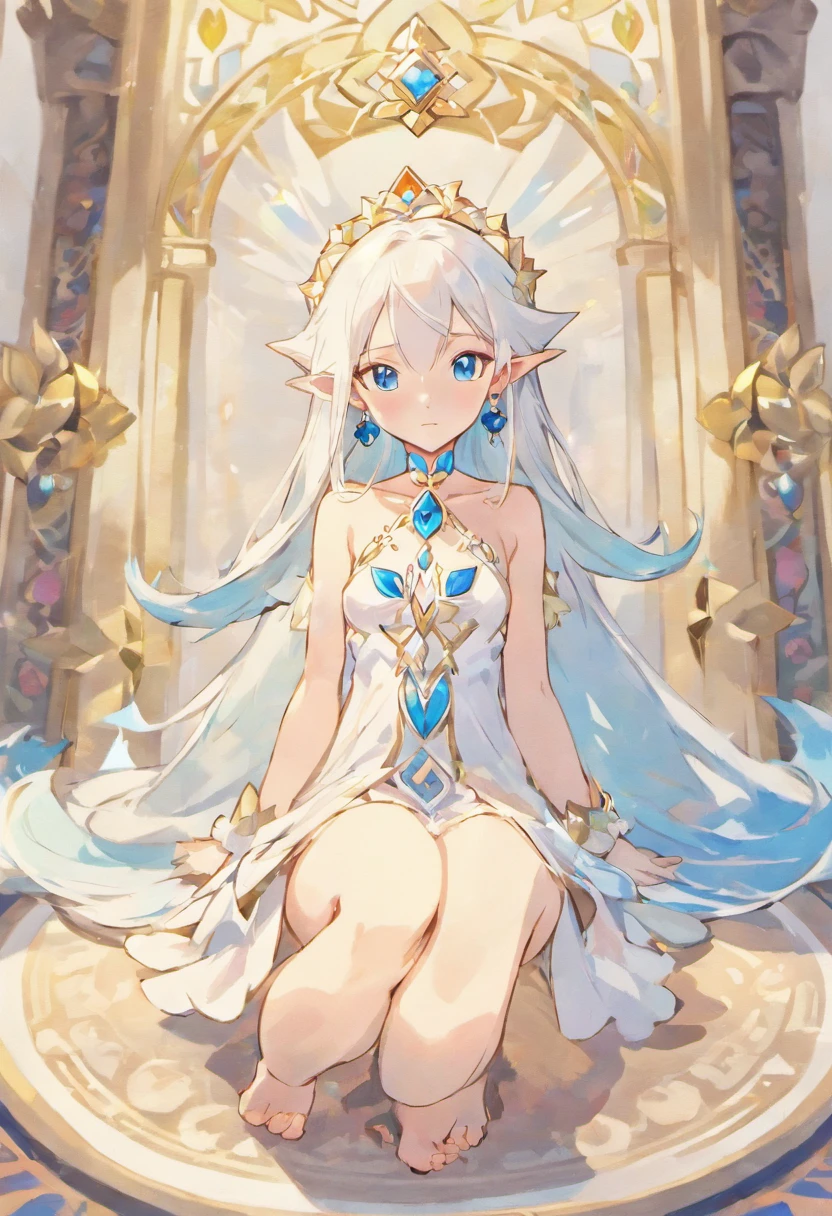 1 Elf Girl, small breasts, white hair, long hair, blue eyes, earrings, white Greece dress, translucent dress, wreath, Sits on the carpet, barefoot, anklets,