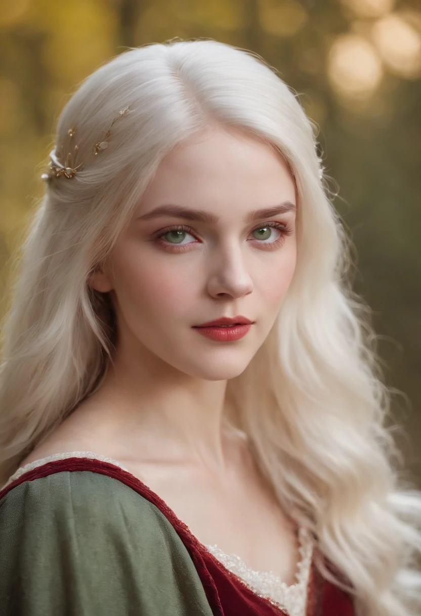 (((A deep, reddish wound across her left cheek))) fair skin, A woman about 19 years old, Natural white hair, Distinctive green eyes, Wear kohl, Slender and graceful, A beautiful, Candlelight in a medieval environment, Ultra-sharp focus, Realistic Snapshot, Medieval women's clothing, Quad colors (scar:1.4)