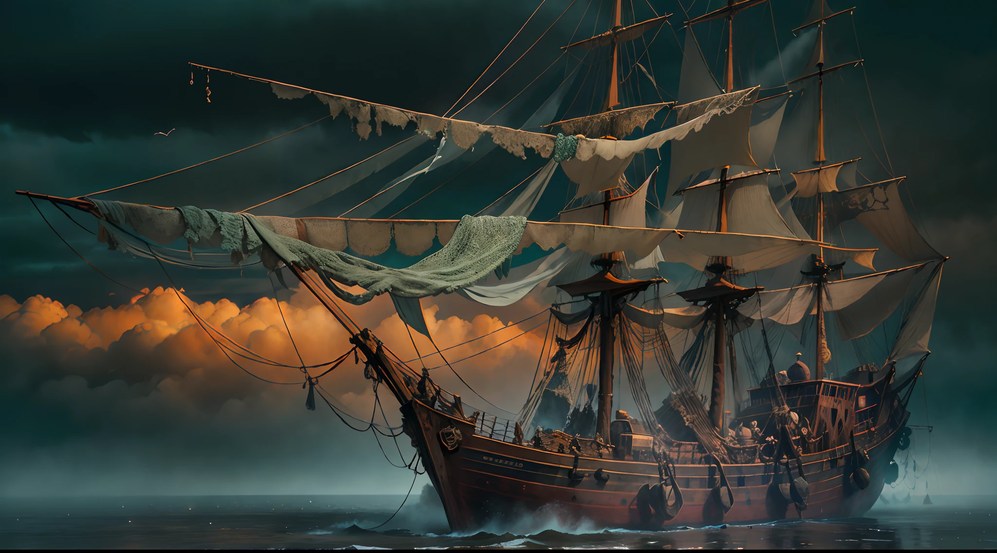 Large ghost pirate ship,Old and dilapidated wooden boats,The sails are tattered,There is fog all around,Moonlit night on the high seas,Swirling mist,Lanterns twinkling in the dark,Violent waves crashed against the boat,Thunder and lightning light up the sky,Blood-red full moon,eerie silence,Billowing black smoke,Rotten nets hanging from the mast,Captain Ghost in tattered clothes,otherworldly glow,Ominous atmosphere,The deck is covered with algae and moss. (Magnificent aerial view of the entire pirate ship),(Best quality, 4K, A high resolution, Masterpiece:1.2), Ulla detailed, Realistic, hdr, Strong chiaroscuro lighting effects, Vivid colors and contrast, Mysterious color palette, Spooky atmosphere, Dramatic shadows, ethereal glowing.