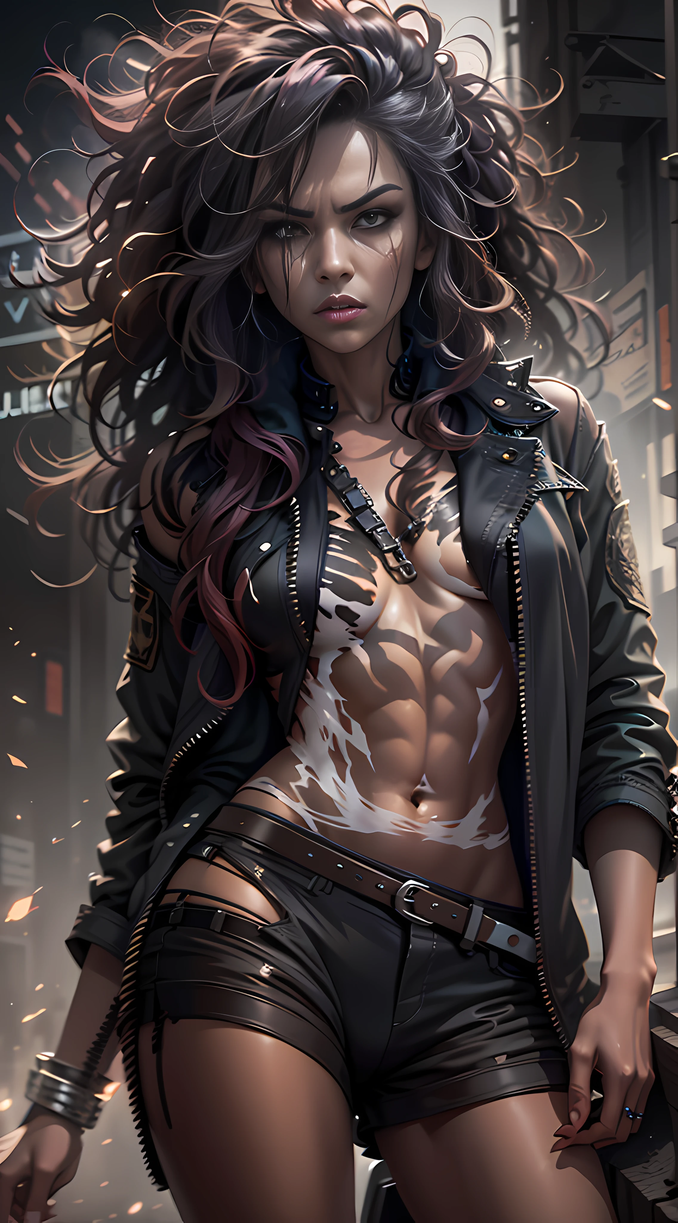 Photorealistic portrait of a supermodel with raven dark curly messy hair, shorts and thigh-high heels outfits for fall, in the style of photorealistic urban scenes, grunge beauty, strong angry facial expression, idealized native Americans, gray and beige, chrome-plated, celebrity image mashups, seductive pose, seductive sharp expression, sharp stare, dynamic lighting, volumetric lighting elegant, deep color, smog, smoke, shadow play, shadowplay, photorealistic, photorealism, ultrarealistic, ultrarealism, hyperrealistic, hyperrealism