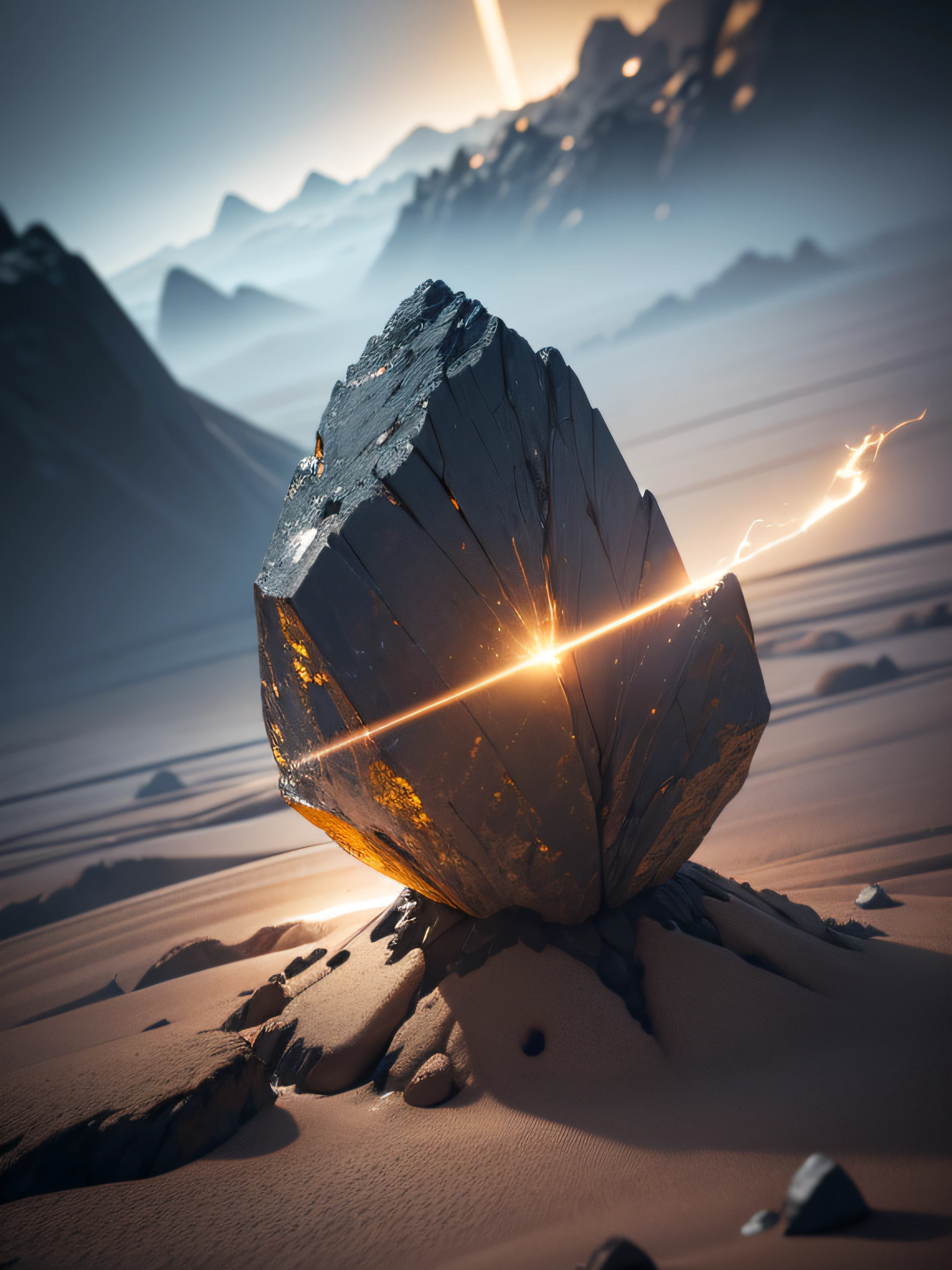 the ground,Skyfall meteorites,Gold ore,ore,closeup cleavage,golden colored,craters,Sternacht, Thick fog on the ground, Blue light on the horizon, Unreal Engine 5, cinematic ligh, low angle photography, Motion blur, Depth of field,, ultra - detailed, Beautiful, insanely details, intricately details, Edit photography, shot with a 50mm lens, Depth of field, Tilt Blur, Shutter Speed 1/1000, f/22. Lightmaps, Super hell