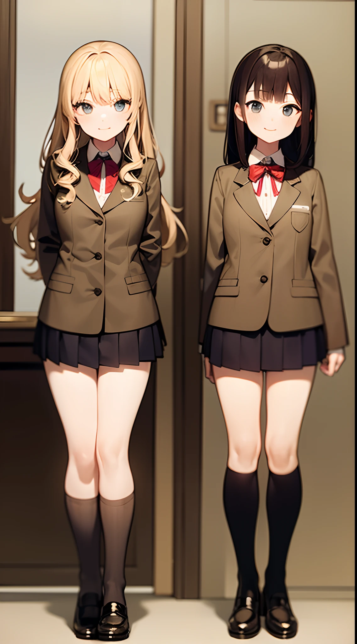 Masterpiece, high quality, 2girls, duo, sisters, identical twins, identical sisters, brown hair, blonde hair, curly hair, matching hairstyles, hazel eyes, medium sized bust, (school uniform, sexy school uniform, blazer, lace section, ribbon, short skirt, white thigh-high socks, black low heels, matching outfits), smile, flat_color, full body, seductive pose, duo pose