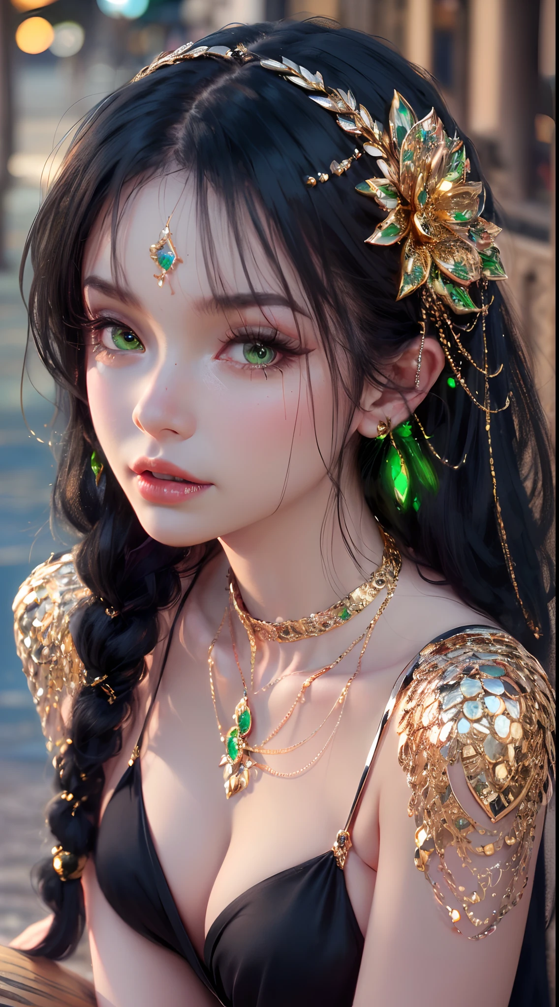 1 beautiful young princess, ((beautiful princess no longer a child:1.8)), ((wearing a black armored dress with gold trim in ancient hanfu style:1.6)), (((Exquisite patterns on the skirt:1.6))), ((braided hair with long black bangs: 1.6)), ((long bangs:1.6)), ((hair jewelry:1.9)), ((upper body gold jewelry:1.9)), ((Very delicate gold necklaces:1.7)), ((earrings with emeralds:0.8)), noble, noble style of an extremely beautiful girl, super cute little face, very pretty face, fur thin eyebrows, flawless beautiful face, ((black eye pupils: 0.8)), very beautiful eyes, ((green eyes eyes: 1.6)), beautiful makeup and detailed hairdo, eyelashes, eye makeup wet, high nose, earrings, red lips, ((closed mouth: 1;5 )) beautiful lips, slim hands, ((arms spread out to the sides: 1.7)), rosy face, clean face, flawless beautiful face, smooth white skin, firm breasts, nice cleavage, ((super big and round breasts: 1.6)), beautiful breasts, perfect body, ((Sit back and puff out your chest, arms behind you:1.6)), 8k photos, super high quality, super realistic, super 10x pixels, optical, bright studio, bright edges, two-tone lighting, (high detail skin:1.2), super 8k, soft lighting , high quality, volumetric light, optical, optical high resolution, light, best photo, 4k, 8k quality, blur effect, smooth sharpness, 10 x pixels, ((beach at night background:1.5)), aurora, lightning, super realistic graphics, most realistic graphics, alone, solo, Extremely sharp, surreal images, (((frontal portrait: 1.3)))."