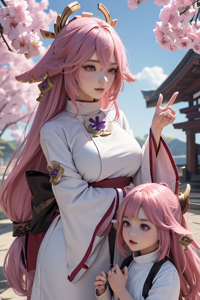 2girls, twin, different clothes, yae miko, genshin impact, pink hair, long hair, puple eyes,  ((best quality)), ((masterpiece)), (detailed), highly detailed skin, ((ultra-detailed)), (beautiful detailed eyes), adult and child woman, detailed real skin, yaemikodef, yaemikornd, large breast, looking down, from away, looking at viewer, multiple girls, 2girls, from below, labcoat, keeplisten, shrine backgrounds