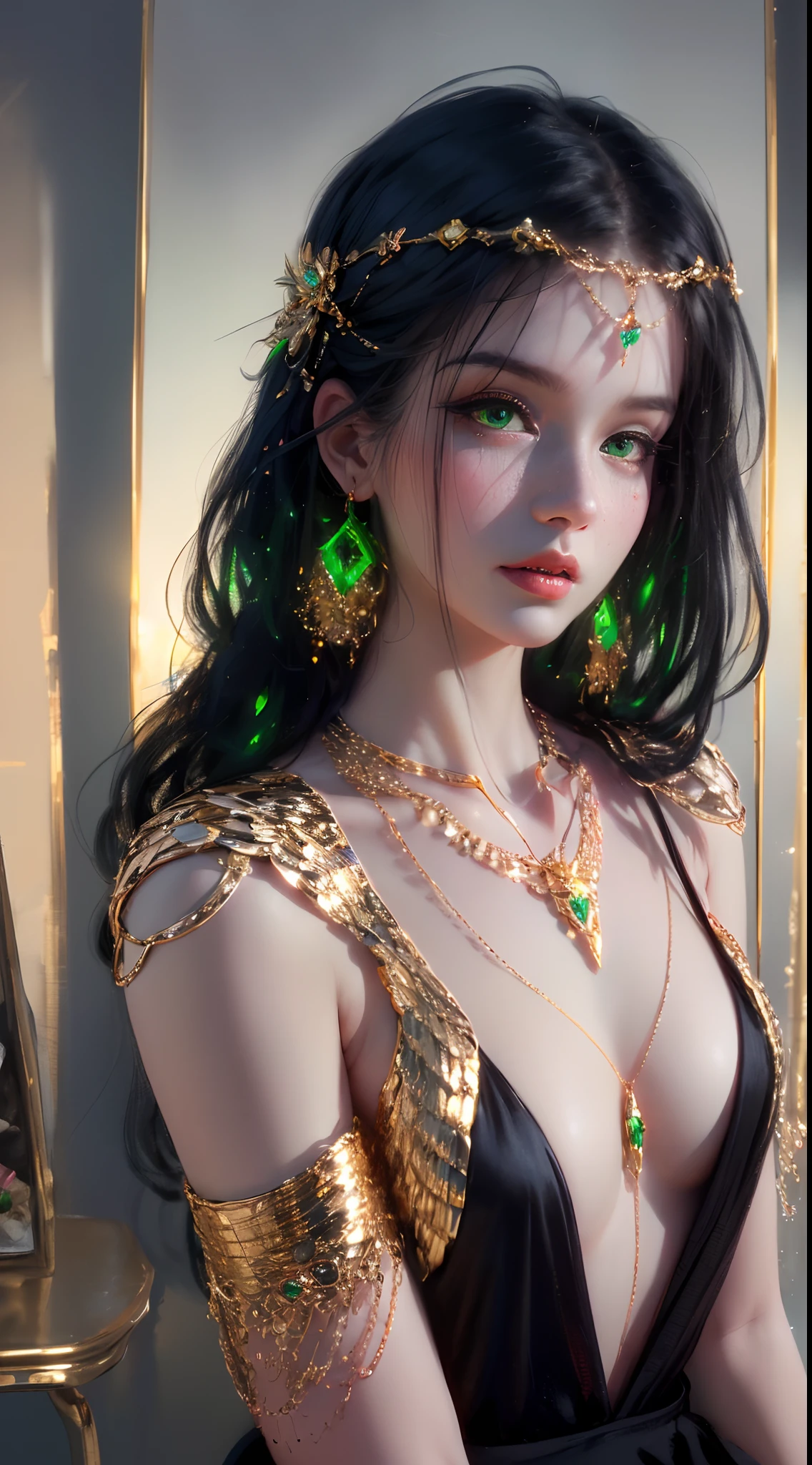 1 beautiful young princess, ((beautiful princess no longer a child:1.8)), ((wearing a black armored dress with gold trim in ancient hanfu style:1.6)), (((Exquisite patterns on the skirt:1.6))), ((braided hair with long black bangs: 1.6)), ((long bangs:1.6)), ((hair jewelry:1.9)), ((upper body gold jewelry:1.9)), ((Very delicate gold necklaces:1.7)), ((earrings with emeralds:0.8)), noble, noble style of an extremely beautiful girl, super cute little face, very pretty face, fur thin eyebrows, flawless beautiful face, ((black eye pupils: 0.8)), very beautiful eyes, ((green eyes eyes: 1.6)), beautiful makeup and detailed hairdo, eyelashes, eye makeup wet, high nose, earrings, red lips, ((closed mouth: 1;5 )) beautiful lips, slim hands, ((arms spread out to the sides: 1.7)), rosy face, clean face, flawless beautiful face, smooth white skin, firm breasts, nice cleavage, ((super big and round breasts: 1.6)), beautiful breasts, perfect body, ((Sit back and puff out your chest, arms behind you:1.6)), 8k photos, super high quality, super realistic, super 10x pixels, optical, bright studio, bright edges, two-tone lighting, (high detail skin:1.2), super 8k, soft lighting , high quality, volumetric light, optical, optical high resolution, light, best photo, 4k, 8k quality, blur effect, smooth sharpness, 10 x pixels, ((beach at night background:1.5)), aurora, lightning, super realistic graphics, most realistic graphics, alone, solo, Extremely sharp, surreal images, (((frontal portrait: 1.3)))."