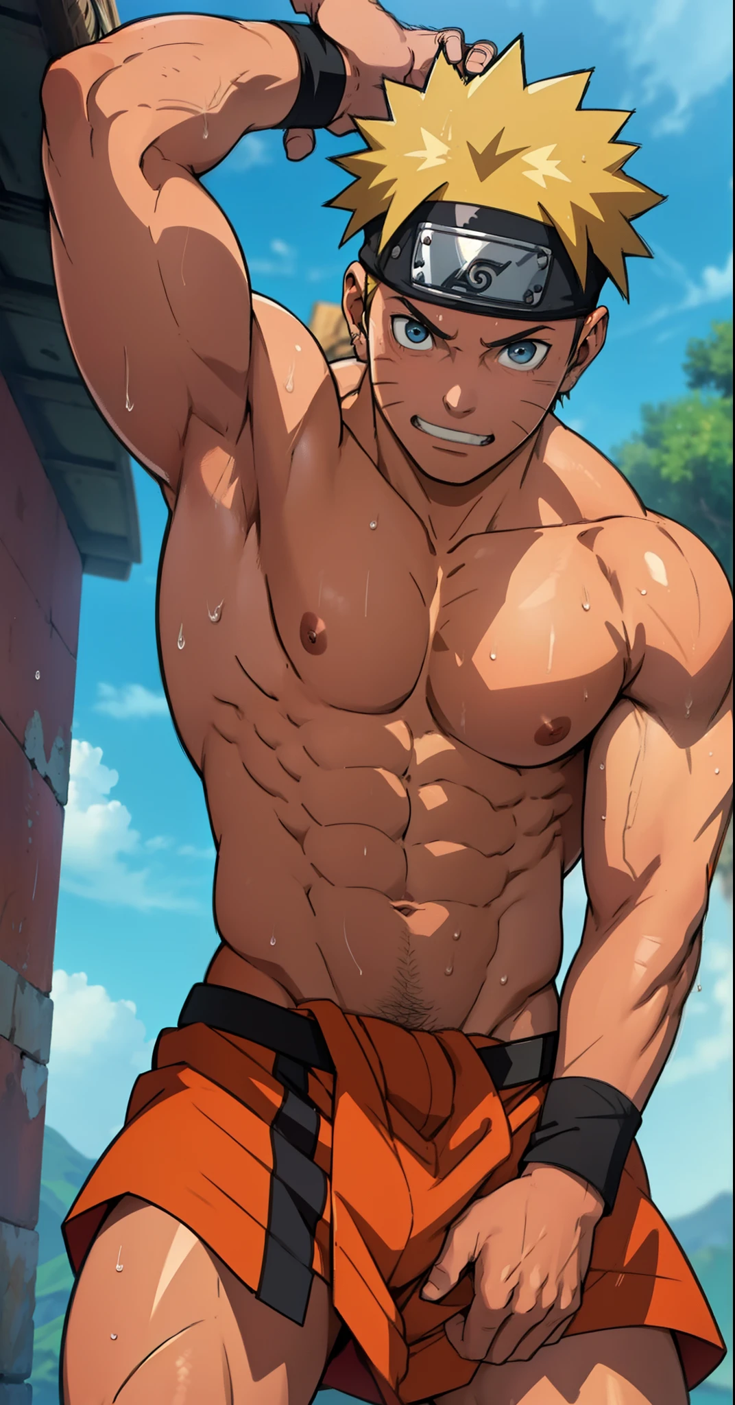 (do not wear banners,do not wear headbands) (Full body) boy was shy and blushed (photo subject: Close-up of muscular thigh muscles ) (photo angle from bottom up)(Drawings of Naruto anime) (photo angle from the ground upwards) [Anime photo][highest quality photo][4k,HD photo quality ] wear tight and short loincloths soaking wet,the loincloth bulges due to the erect male genitals  (muscular thigh muscles, firm thigh muscles, muscular thigh muscles, sinewy thigh muscles, giant thigh muscles, strong leg muscles, muscular hamstring leg muscles) ,  fun, happy ,delighted, bodybuilder,bodybuilding, standing, red skin, pink skin, tanned skin ,shiny skin ,reddish brown skin, lots of sweat flowing down, topless, shirtless, hot sunny,  hands behind head