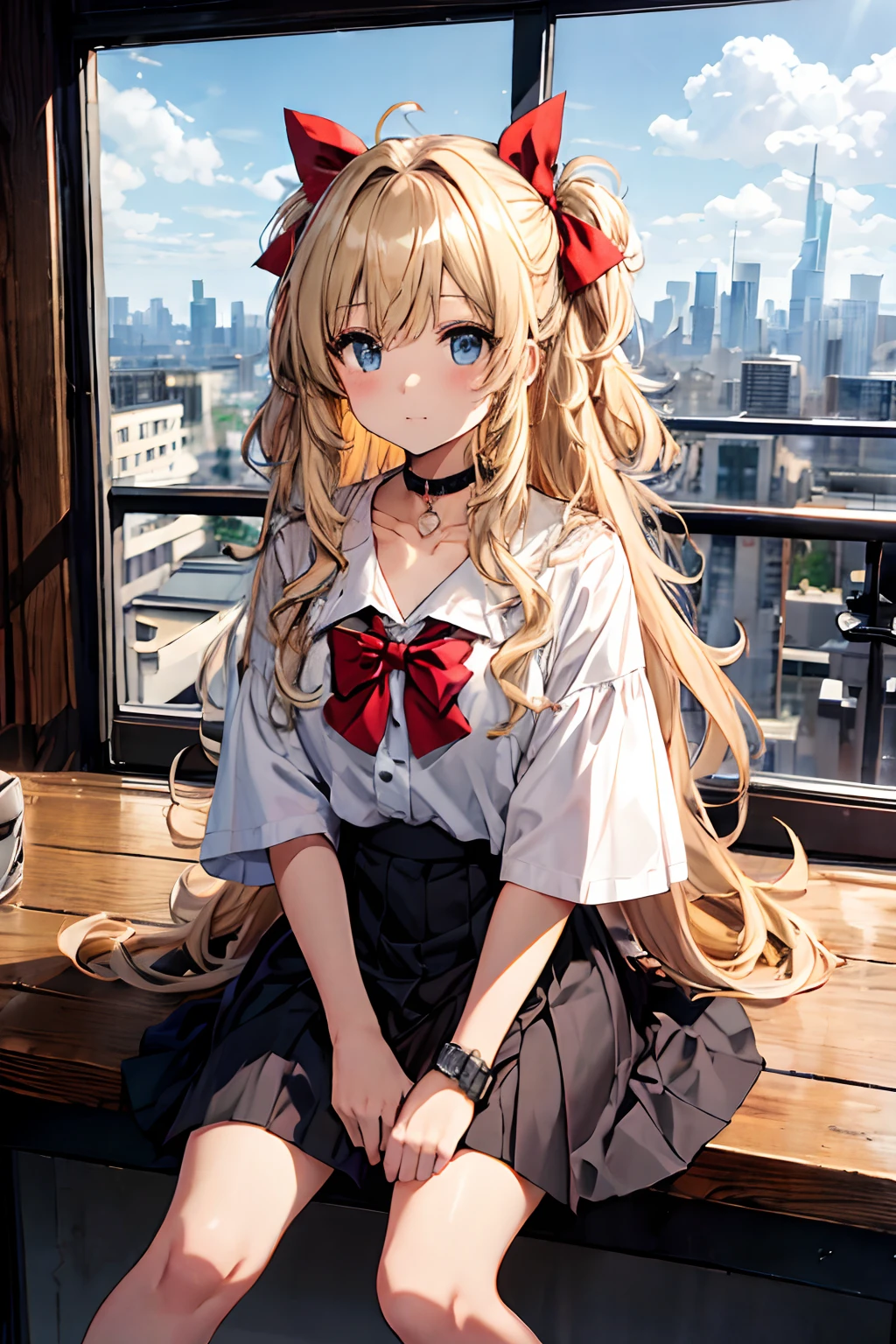 Best quality at best，tmasterpiece，1girll，blond hairbl，messy  hair，curly_Hair，The shirt，a skirt，kawai，JK，Red_bow，Wrist watch，choker necklace，view over city，8K original photos，超高分辨率，highest details，复杂，8K，hdr