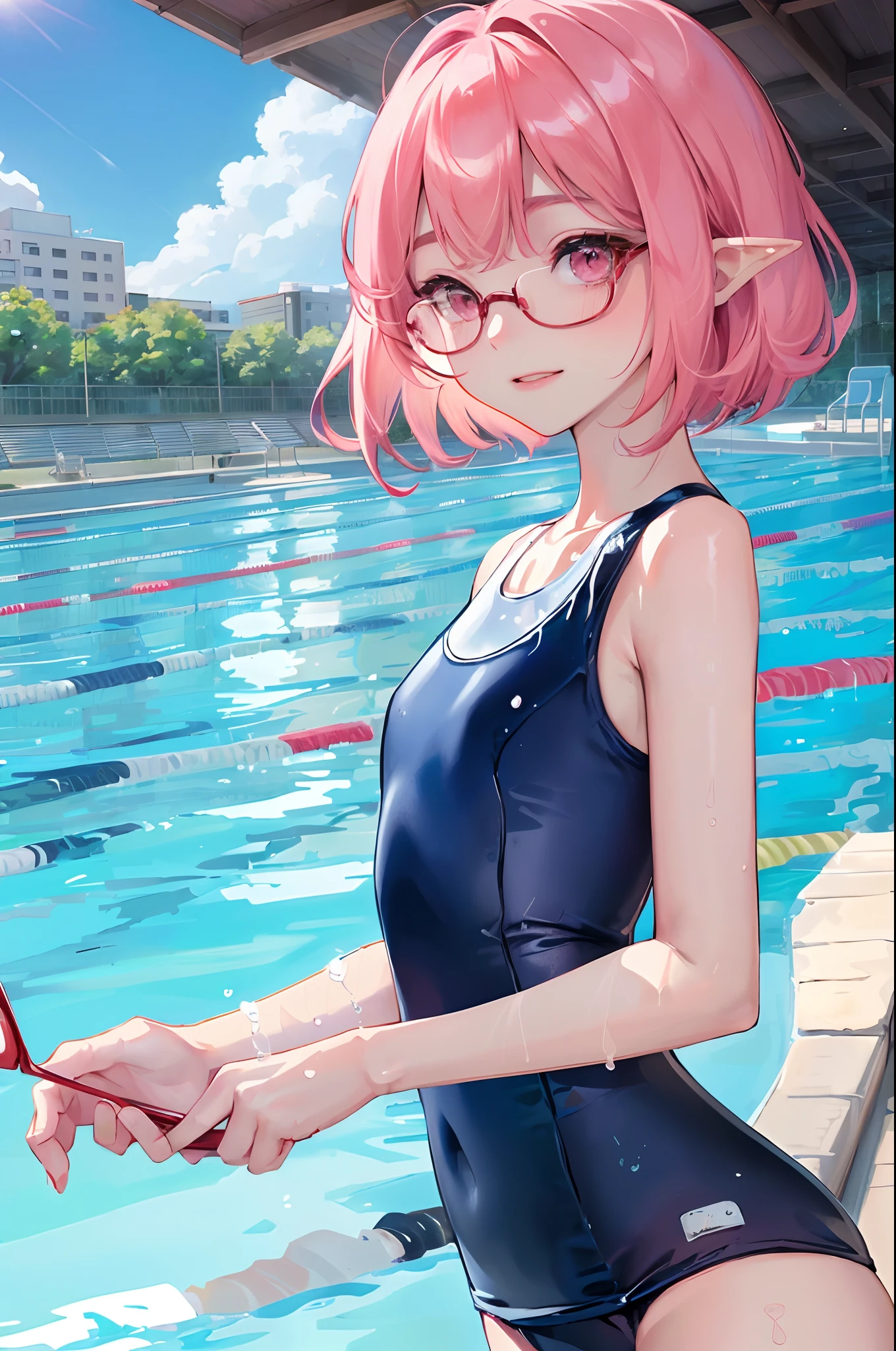 ​masterpiece、top-quality、Ultra Detail、, 1girl in,beautiful  lighting、１girl with、(((6 )))、(((elementa lovely child)))、(((School swim we、(((school swimsuit)))、childish、Small children、A lovely child、Red glasses)))、little bluung Face、Small children、girl with、kawaii、（shiny lip：1.beaut）、Wonderful mouth closed hair、short-hair、bob cuts、Pink hair、Red glasses、Pink eyes、elf-ears、Well-formed face、flat chest、A smile、masutepiece、Best Quality、High resolution、Cowboy Shot、From Side、Pale skin staring at the viewer、Curve、Blunt bangs、lightsmile、Fingernails、Sunnyday、suns、Cloudless sky、(((swimming pools)))