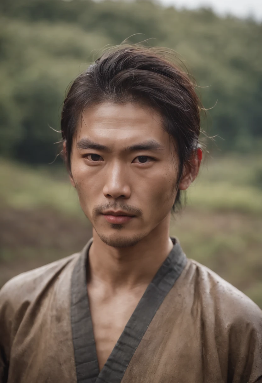 A handsome (Japanese) peasant, muddy, dirty, wet, raunchy outfit, provocative portrait, perfect face, (homoerotic:1.2), tall and burly, qualidade 8K, absurd textures details and quality