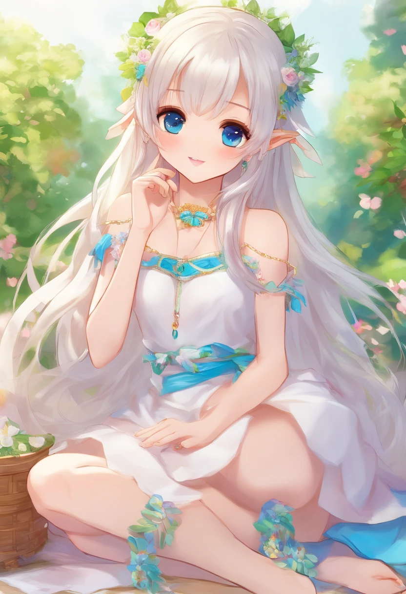 1 Elf Girl, small breasts, white hair, long hair, blue eyes, earrings, white Greece dress, translucent dress, wreath, Sits on the carpet, barefoot, anklets,