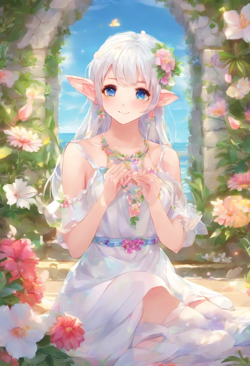 1 Elf Girl, small breasts, white hair, long hair, blue eyes, earrings, white Greece dress, translucent dress, wreath, Sits on the carpet, barefoot, anklets,