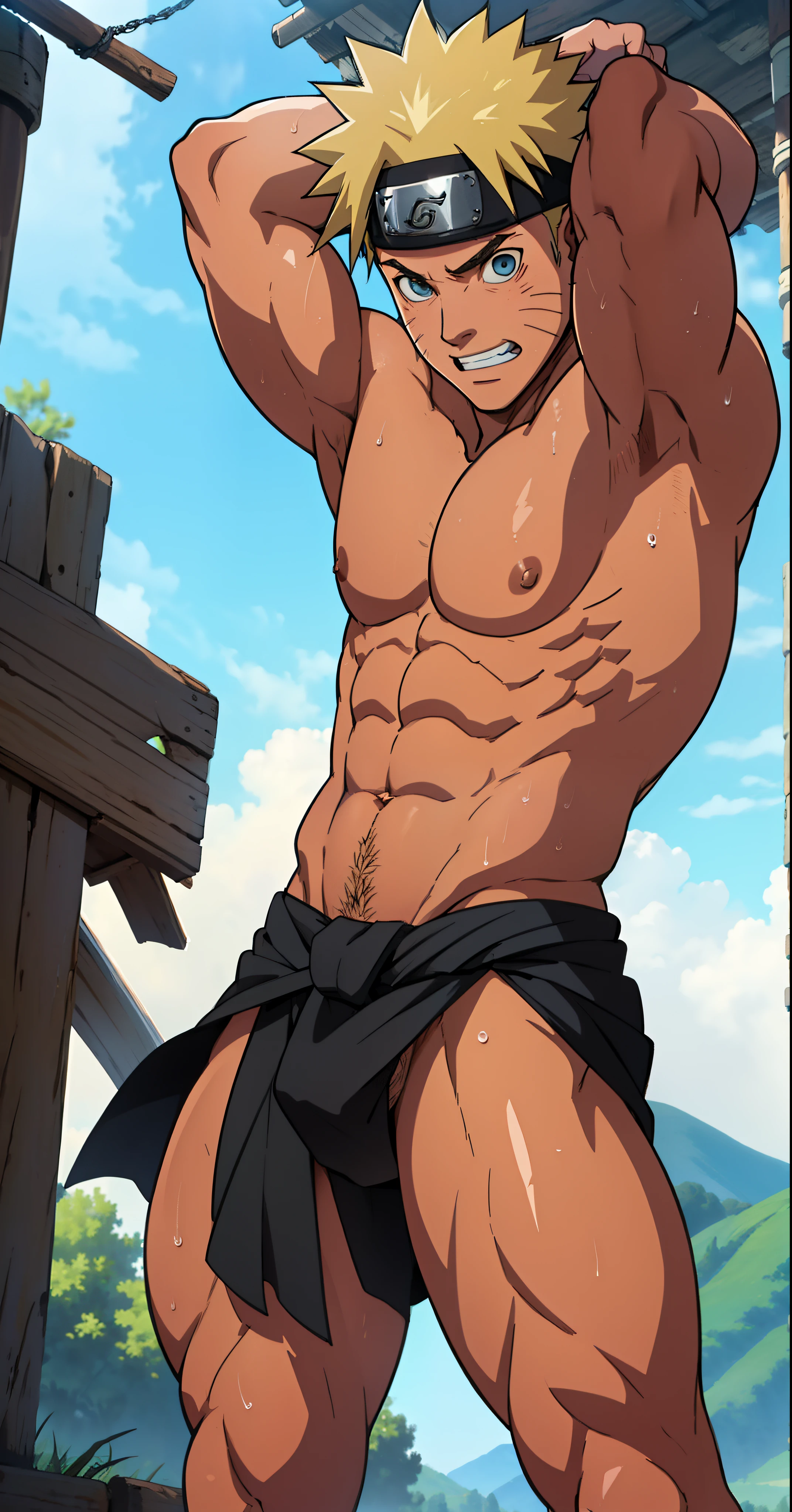 (do not wear banners,do not wear headbands) (Full body) boy was shy and blushed (photo subject: Close-up of muscular thigh muscles ) (photo angle from bottom up)(Drawings of Naruto anime) (photo angle from the ground upwards) [Anime photo][highest quality photo][4k,HD photo quality ] wear tight and short loincloths soaking wet,the loincloth bulges due to the erect male genitals  (muscular thigh muscles, firm thigh muscles, muscular thigh muscles, sinewy thigh muscles, giant thigh muscles, strong leg muscles, muscular hamstring leg muscles) ,  fun, happy ,delighted, bodybuilder,bodybuilding, standing, red skin, pink skin, tanned skin ,shiny skin ,reddish brown skin, lots of sweat flowing down, topless, shirtless, hot sunny,  hands behind head