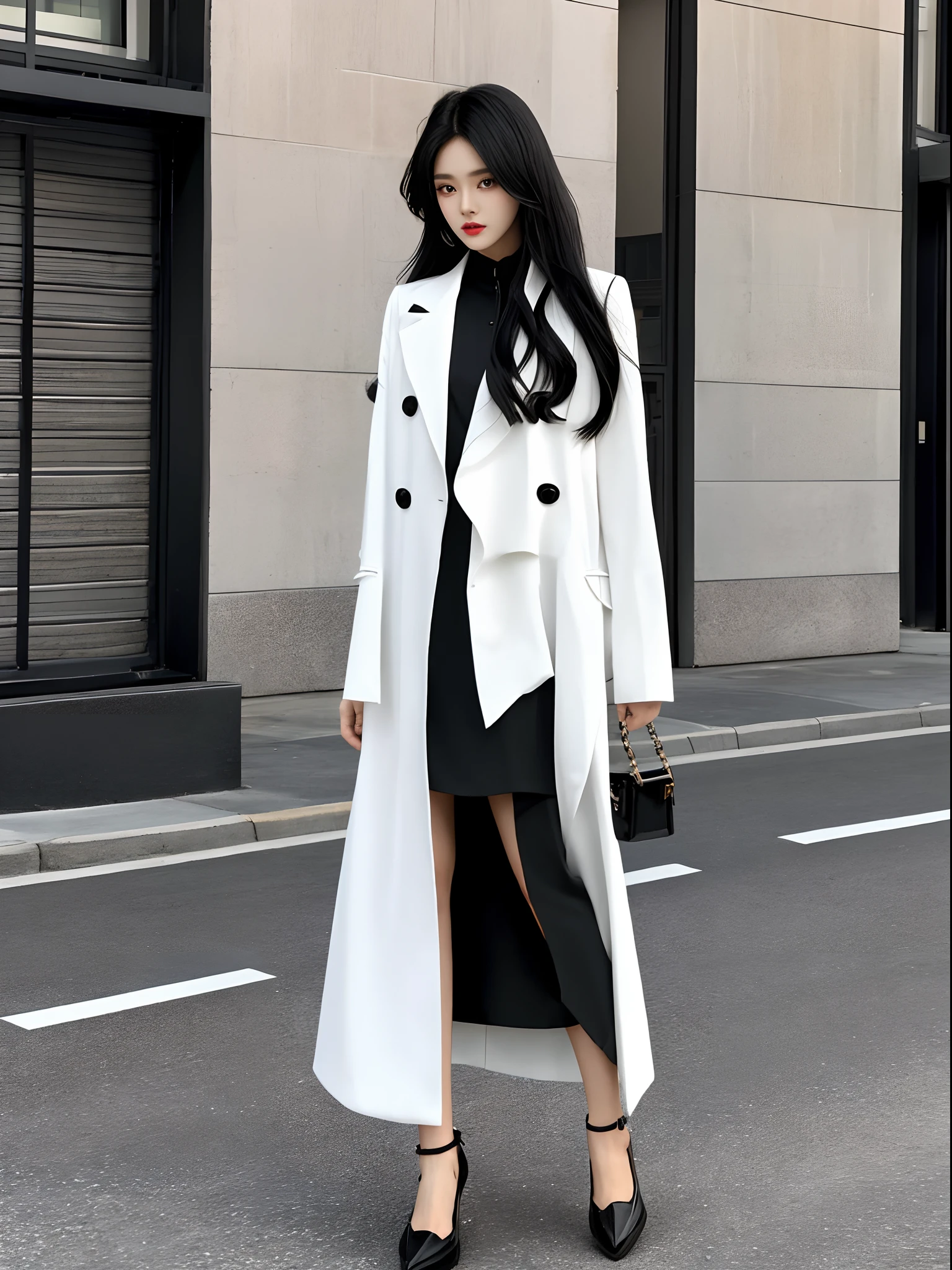 Woman in black and white dress standing on sidewalk next to building, dressed with long fluent clothes, elegant girl in urban outfit, korean female fashion model, black and white clothes, Long Black Jacket, wearing black modern clothes, in city street, wearing a black noble suit, jia, white and black clothing, wearing fashion suit, with white, short skirt and a long jacket, Focus Zoom, Zoom in on face, Face enhancement