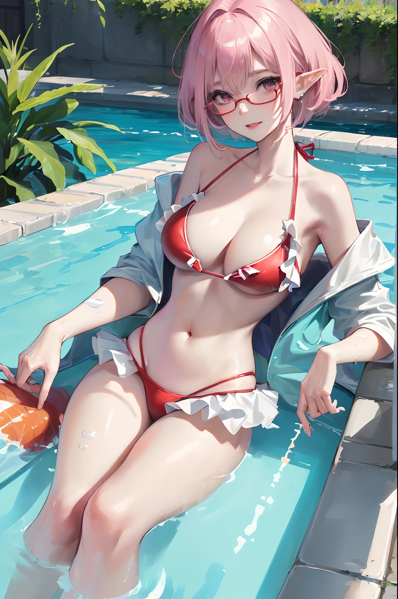 masterpiece、top-quality、Ultra Detail、, 1girl in,beautiful lighting、adult lady、1girl with、(((22 years old)))、(((AS-Adult)))、(((Best Beautiful Girl)))、(((Ruffled bikini swimwear)))、(((rash guard)))、(((Colossal tits)))、ren、Beautie、Red glasses(((Red glasses)))、little blush、Beautie、(shiny lip:1.1)、(beautidful eyes:1.1)、fantastic hair、short-hair、bob cuts、Platinum Pink Hair、Red glasses、Platinum pink eyes、elf-ears、Well-formed face、large full breasts、A smile、masutepiece、Best Quality、High resolution、Cowboy Shot、From Side、Pale skin staring at the viewer、Curve、Blunt bangs、lightsmile、Fingernails、Sunnyday、suns、Cloudless sky、(((swimming pools)))