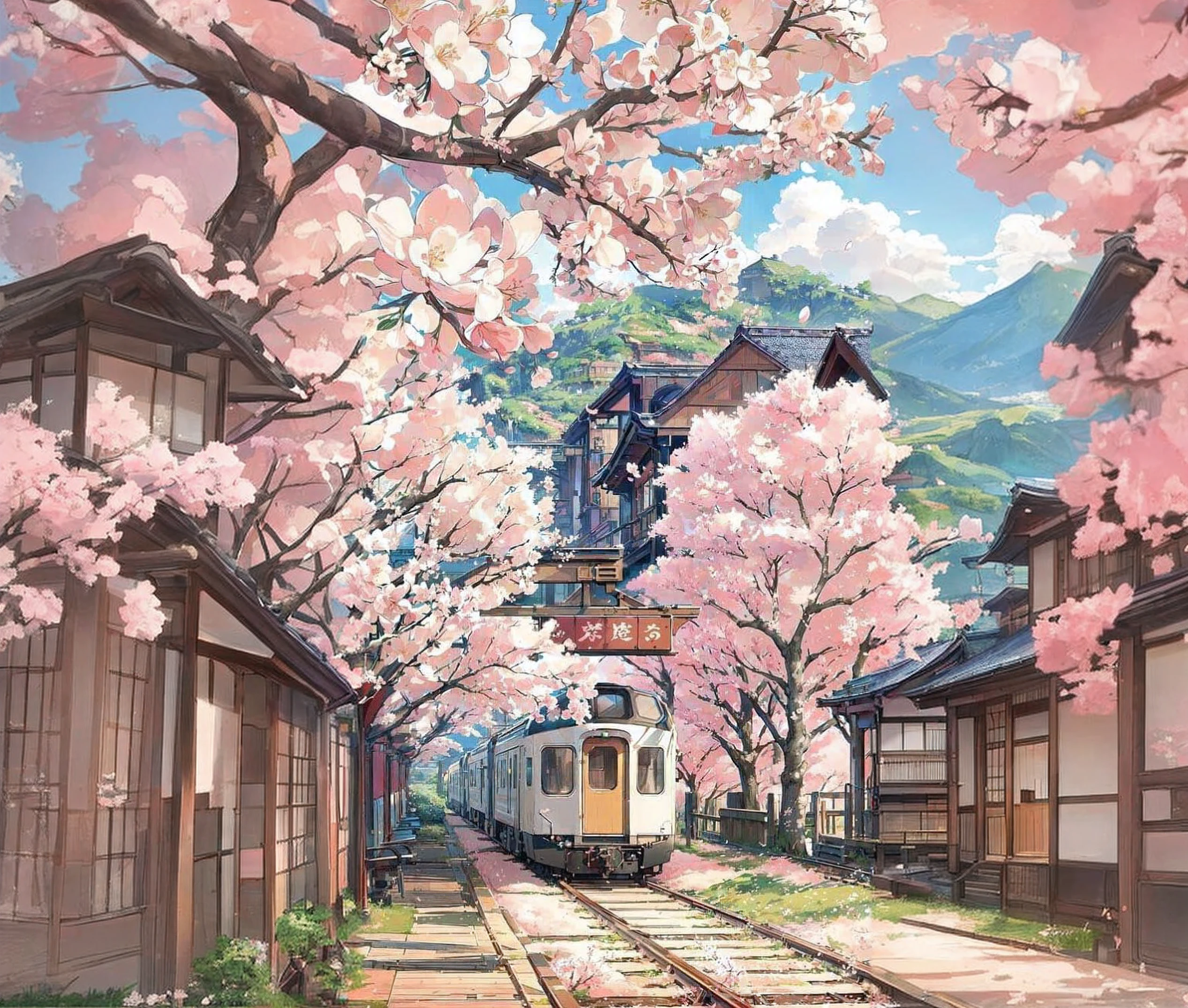 cherry blossom trees and japenese houses with mountain background