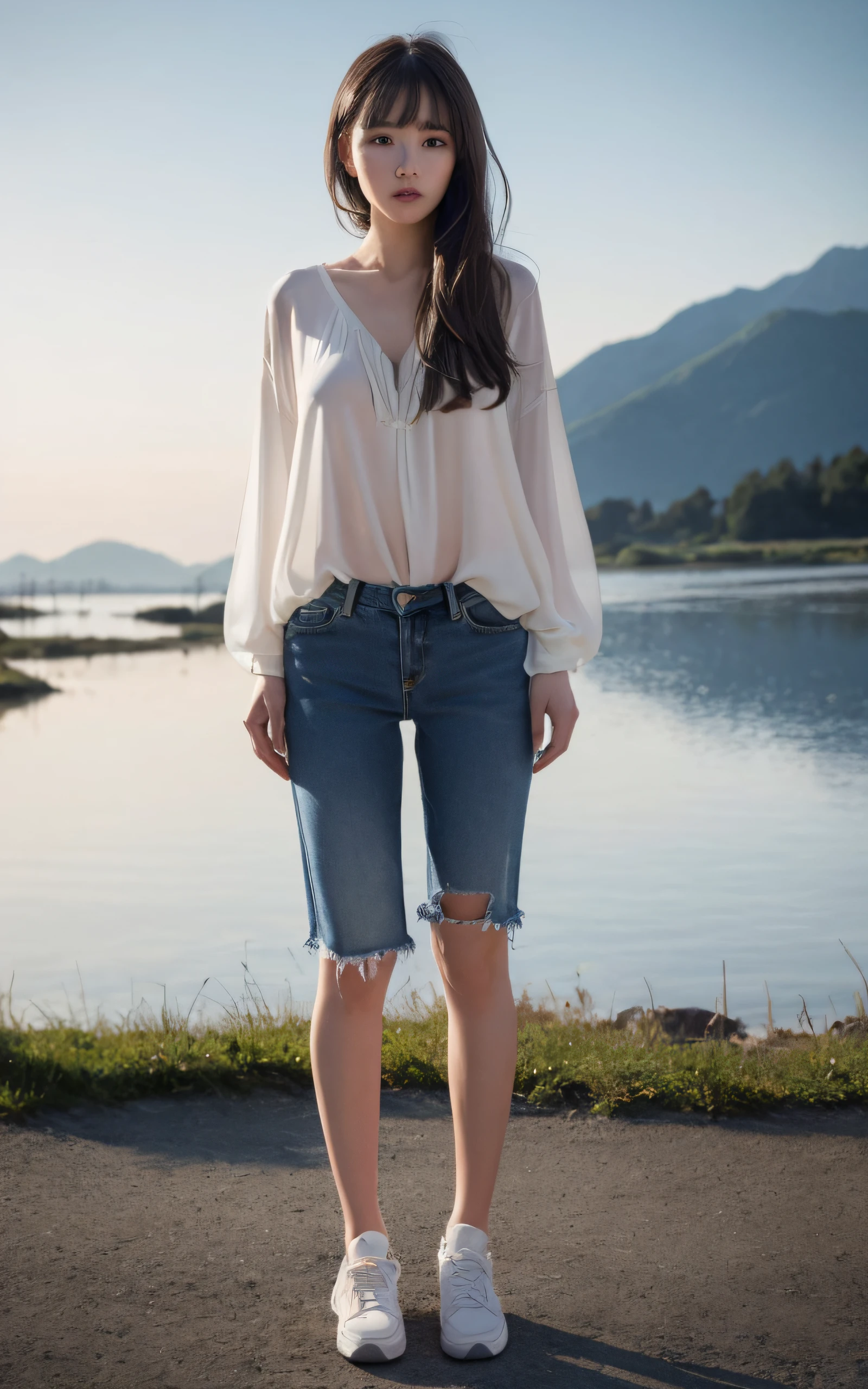 Top quality, realistic, perfect human body structure, very detailed, very delicate and beautiful, RAW photography, Majestic mountain range in the distance, professional lighting, luminescence, depth of field, single focal, ((full body:1.5)), sad, brown hair, small head, big breasts, baby face, beautiful eyes, real face, realistic skin, detailed eyes, (fashionable hairstyle: 1.3), bangs, gravure idol, Silk Blouse, denim pants, sneakers, absurderes、Incredibly Ridiculous res、Extremely fine,