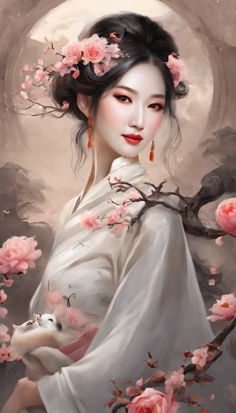 Yun wants to wear clothes and flowers to look good，The spring breeze blows Revlon。if it were not for the jade mountain, I'll see you，Will meet Yaotai moon。A beautiful concubine in ancient China, Yang Yuhuan，Yang，elegant，A shallow shy smile,（Black colored eyes），holding peony flower，（Very detailed and perfect facial depiction）,(Black coiled hair）,（Half-body appearance），Silk fabric, (Long sleeves floating), is dancing,cheerfulness,White kitten， (There is a bright full moon in the distant sky:1.2),（surrounded by flower:1.2), vivd colour, （Autumn tones:1.2)，（Moonlight night effect:1.1），（light and shadow effect）,（vivd colour）,（Color splattering）,（Obvious layers）,（Ink painting style:1.2）,（Photography Award）,（8k wallpaper）,（Masterpiece）,（best qualtiy）,A picture,realisticlying