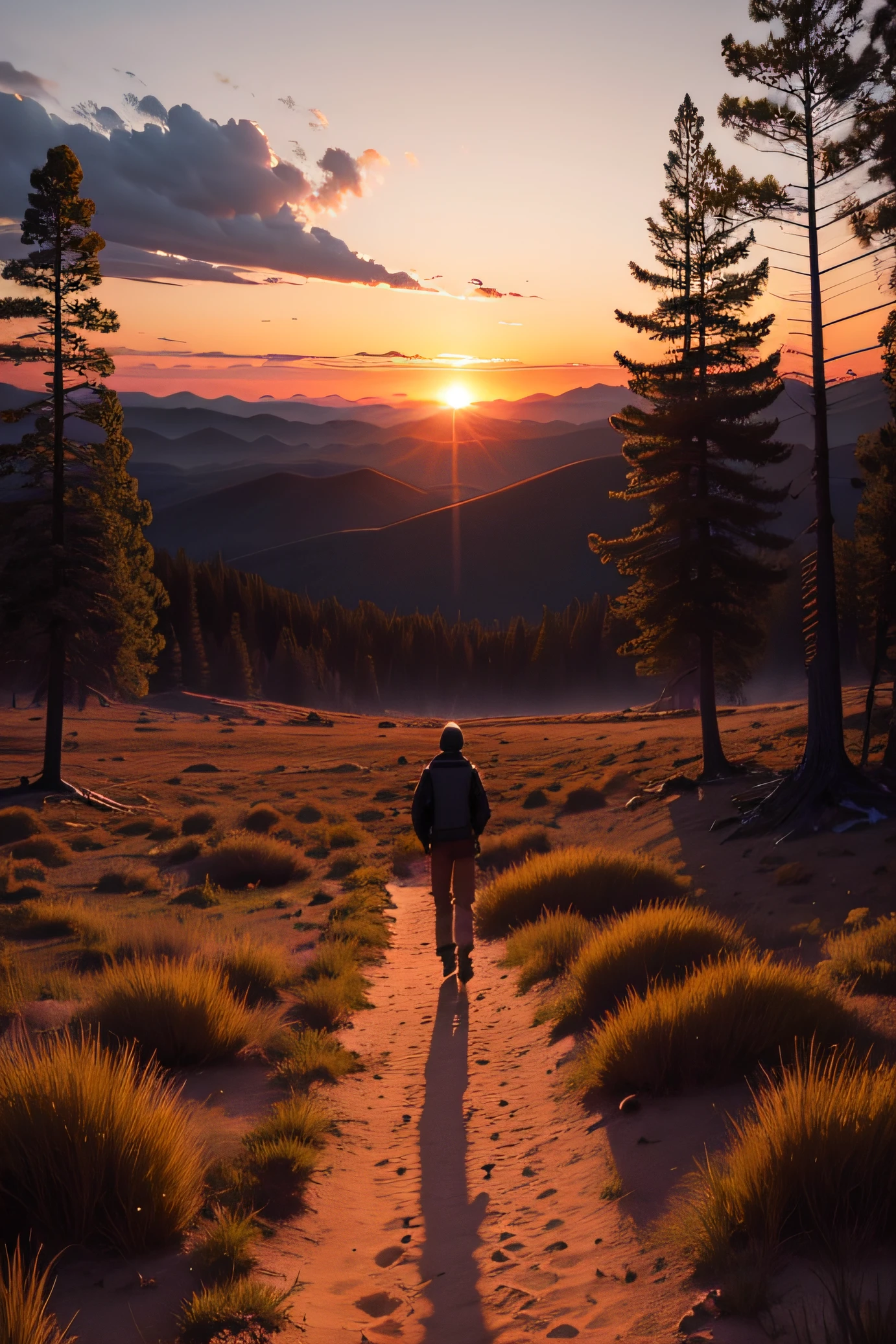 wilderness at sunset a lone figure walking towards the horizon