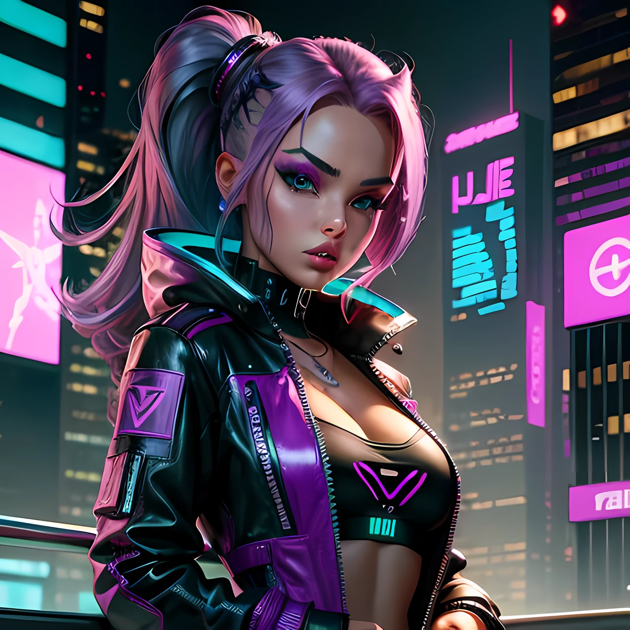 Experience futuristic allure as Barbie embraces the cyberpunk subculture, adorned with neon colors and enhanced accessories. In a vibrant and dynamic cityscape, It symbolizes cybernetic fashion and urban talent. Purple hair.